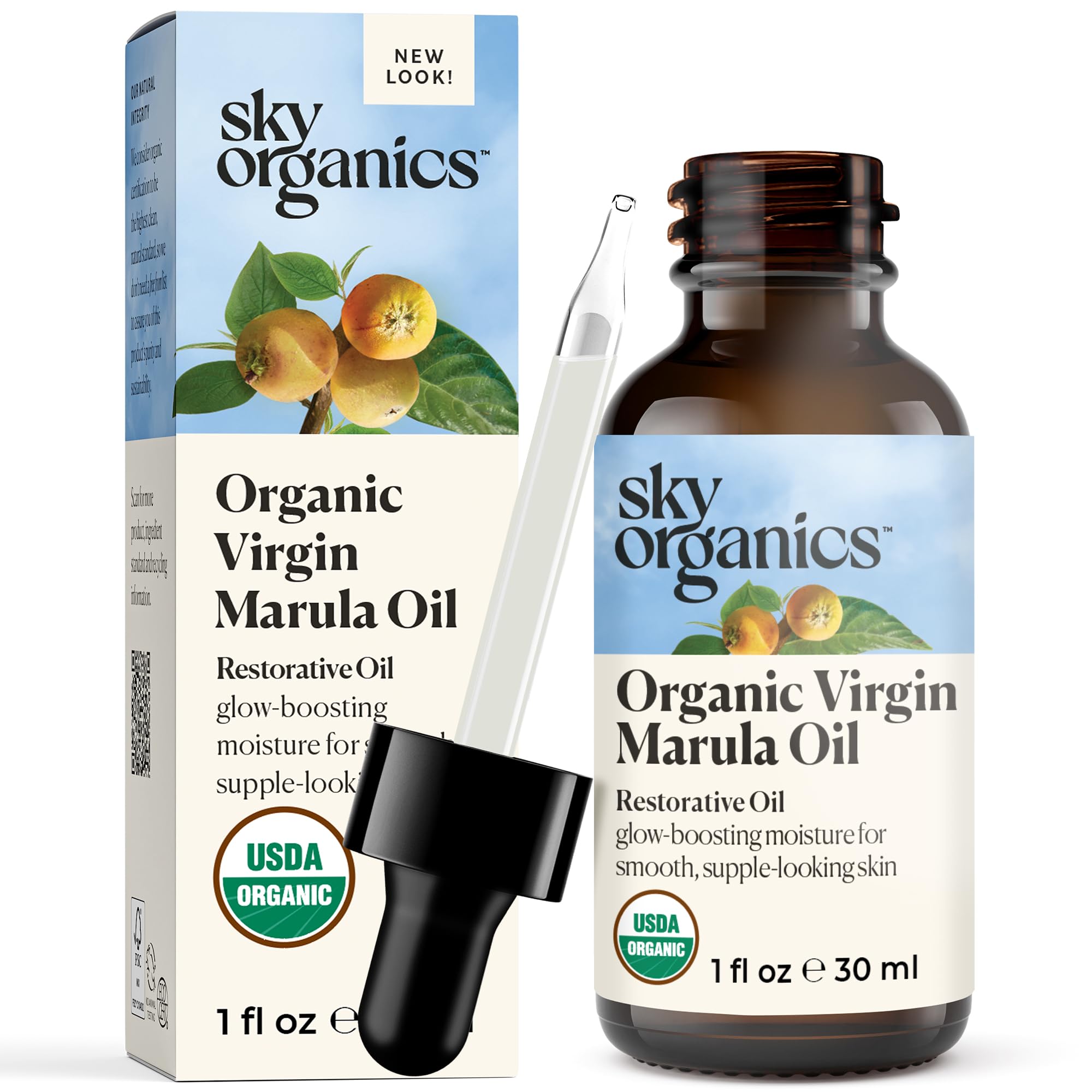 Sky Organics Organic Marula Oil for Face 100% Pure & Cold-Pressed USDA Certified Organic to Replenish, Balance & Boost Glow, 1 f