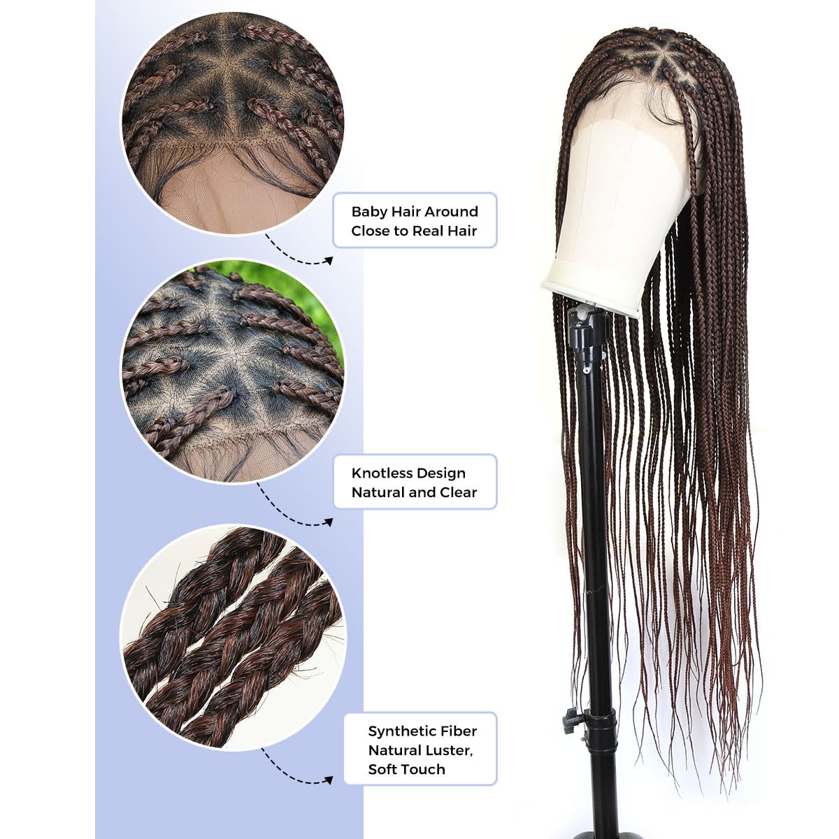 KRALER 36 inch Box Braided Wigs for Black Women, Ombre Auburn Knotless Triangle Based Small Box Braids Wig, Embroidery Full Doub