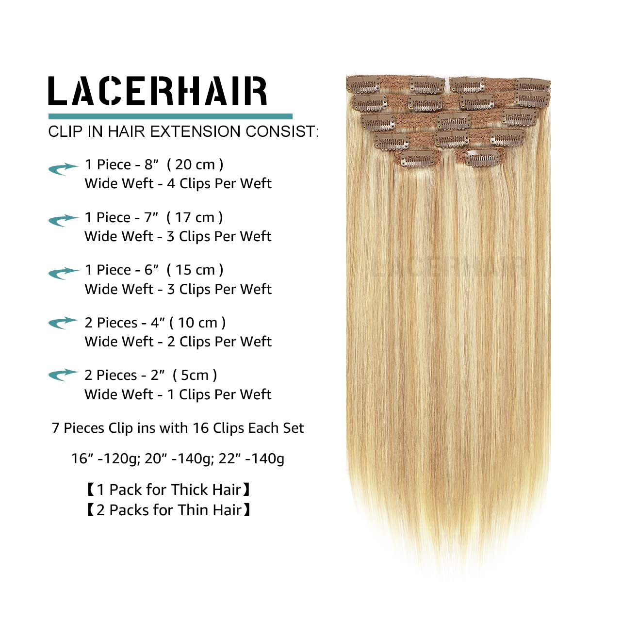 Lacer Clip In Human Hair Extensions Light Golden Brown Mixed Platinum Blonde Lace Double Weft Natural Hair Extension Clip In 100