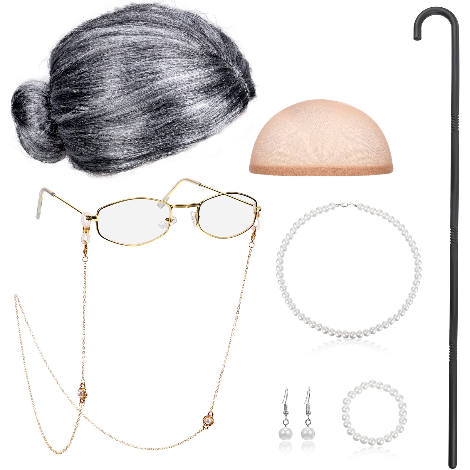 BBTO Old Lady Cosplay Set Grandma Gray Wig for Women Walking Cane Glasses Chain Cords Faux Pearl Bead Necklace(Gray Bun Wig)