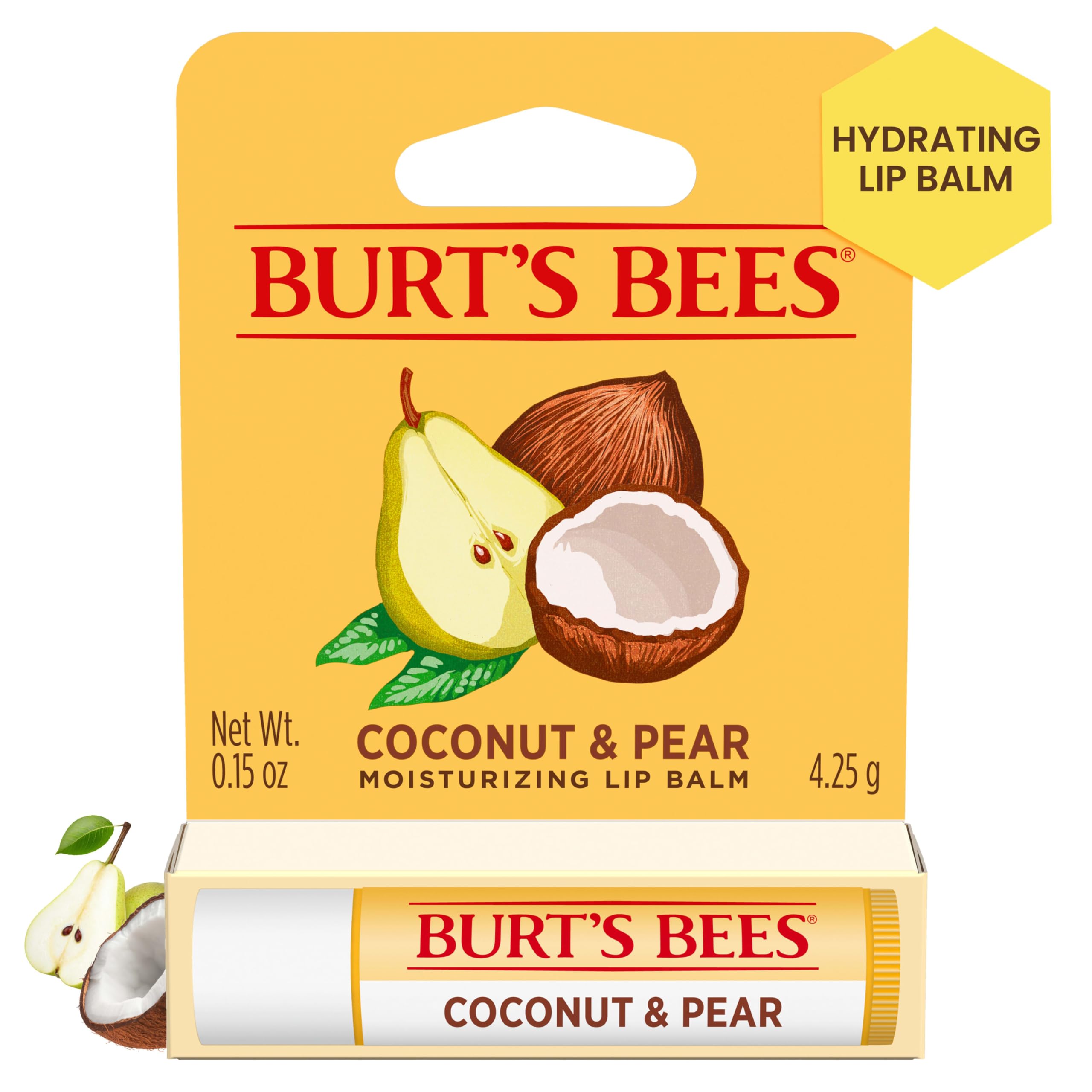Burts Bees Coconut and Pear Lip Balm, Lip Moisturizer With Responsibly Sourced Beeswax, Tint-Free, Natural Conditioning Lip Treatment, 1 Tube, 0.15 oz.