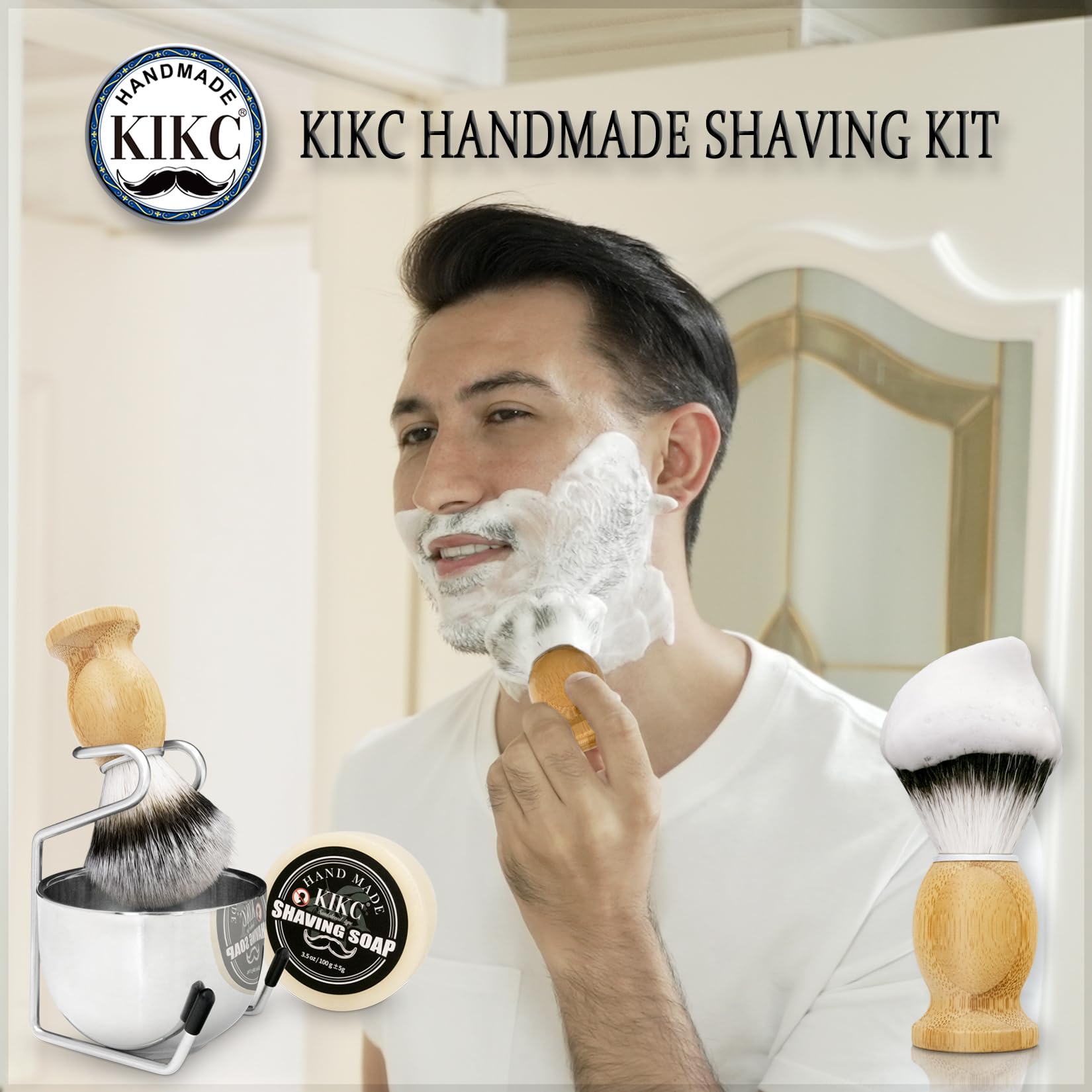 Kikc 4 In 1 Shaving Set For Wet Shave, Kit Includes Hand Crafted Shaving Brush With Synthetic Hair Bristle, Stainless Steel Soap