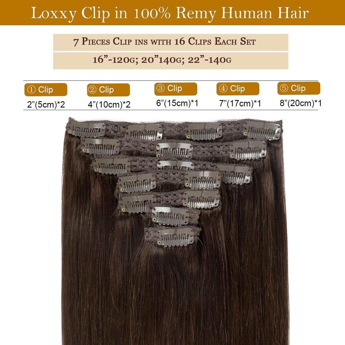 Loxxy Clip In Extensions Human Hair #2 Dark Brown Hair Extensions 9A Grade Remy Human Hair Clip In Clip Hair Extensions Double W