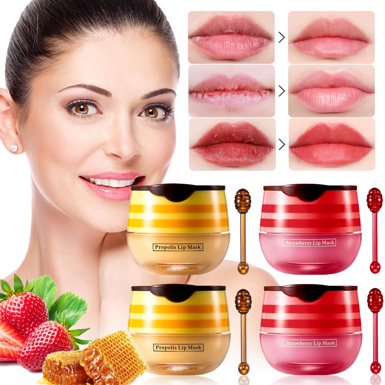4 PCS Bee Honey Lip Balm Honey Pot, Strawberry & Bee Honey Lip Mask, Reduces Lip Lines, Hydrate & Moisturizing Lip Skin Care, Pr