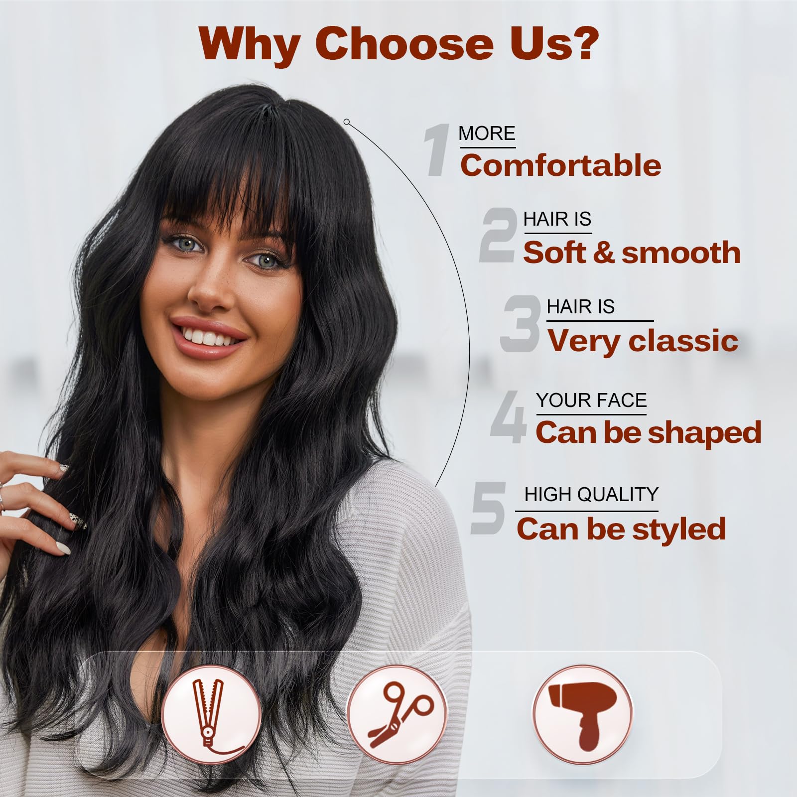 Emmor Black Wigs For Women Long Curly Wigs With Bangs Water Wavy Synthetic Wig, Party Cosplay Daily Use