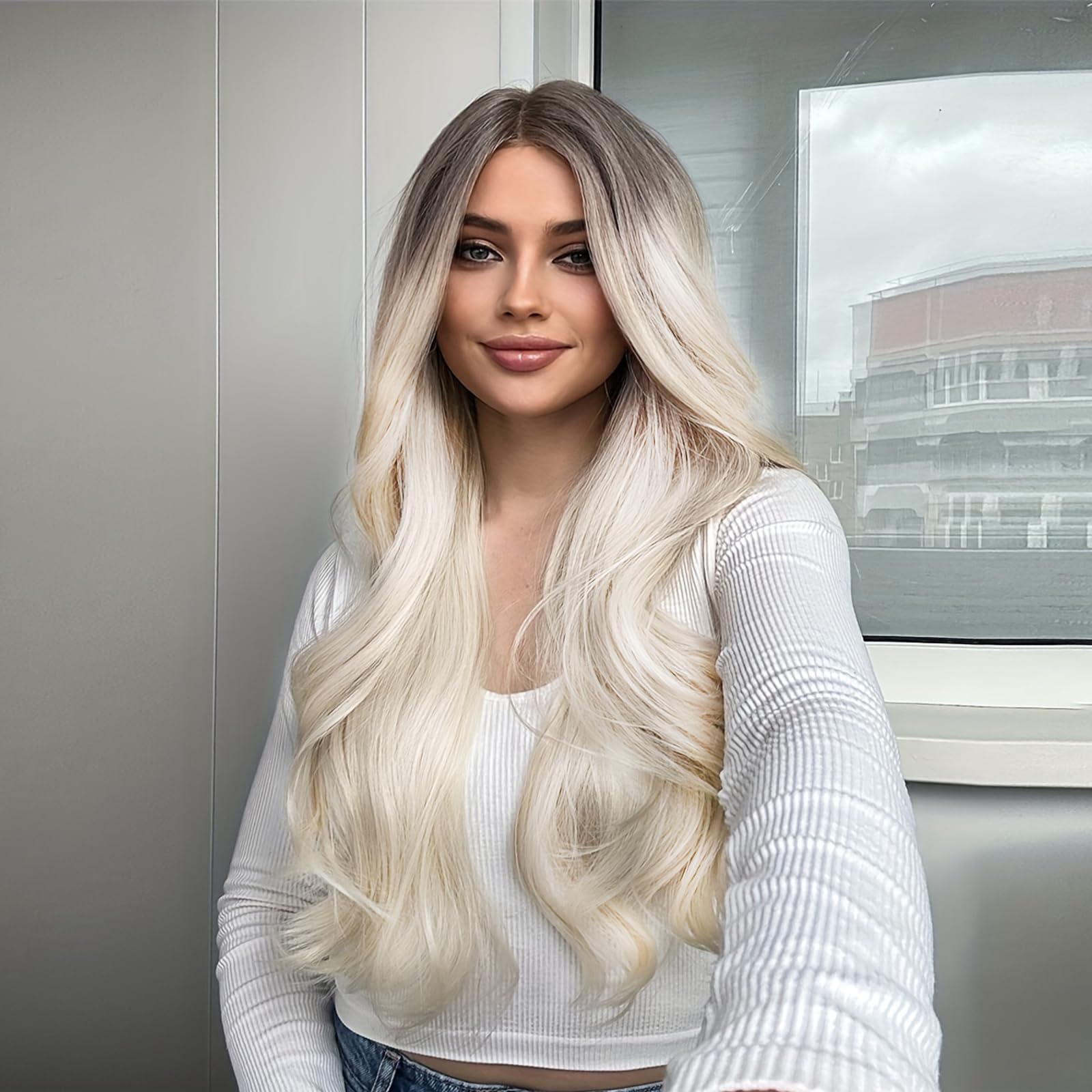 TOZIKA Long Platinum Blonde Wigs for Women White Wig 26inch Wavy Curly Middle Part Lace Wig Upgraded Protein Fiber Hair Replacem