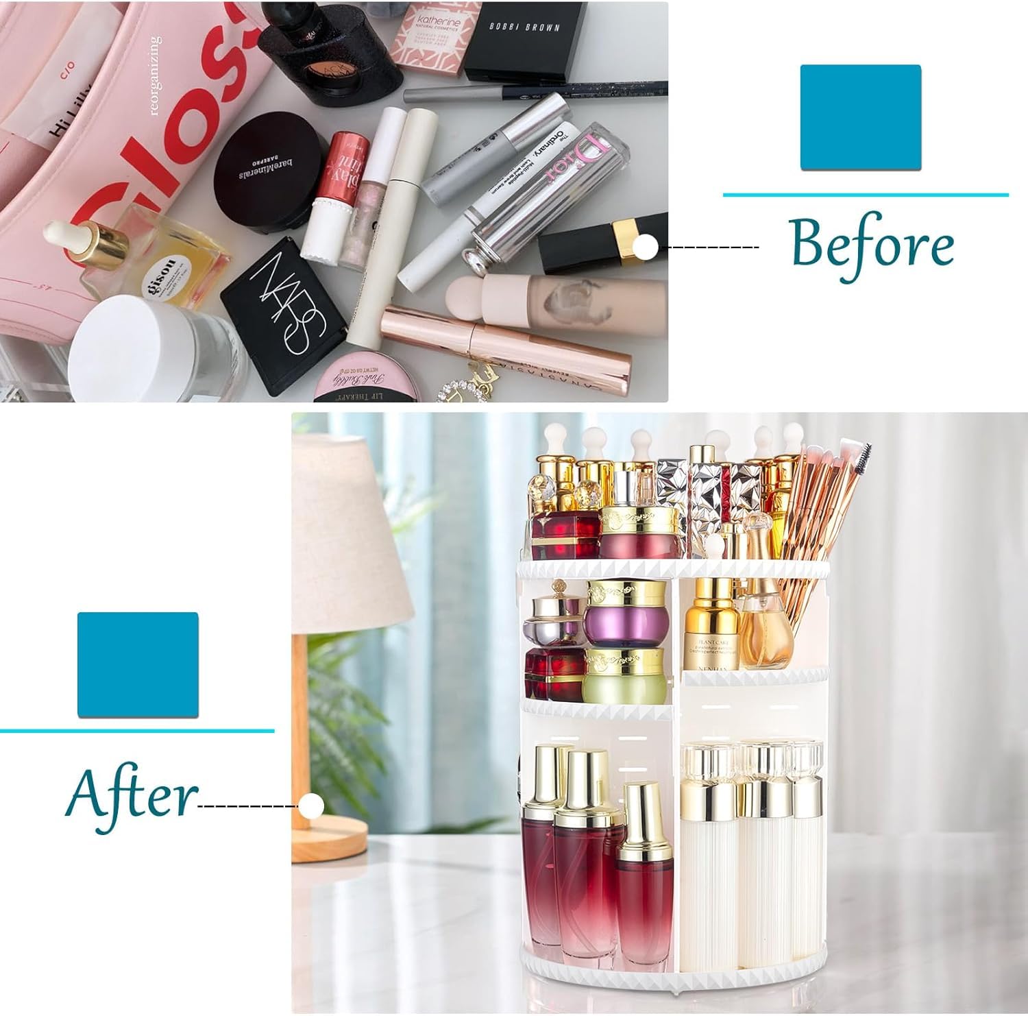 Sanipoe Rotating Makeup Organizer,Diy Adjustable Spinning Holder,Foldable Cosmetic Storage Display Box,Large Capacity Make Up Ca