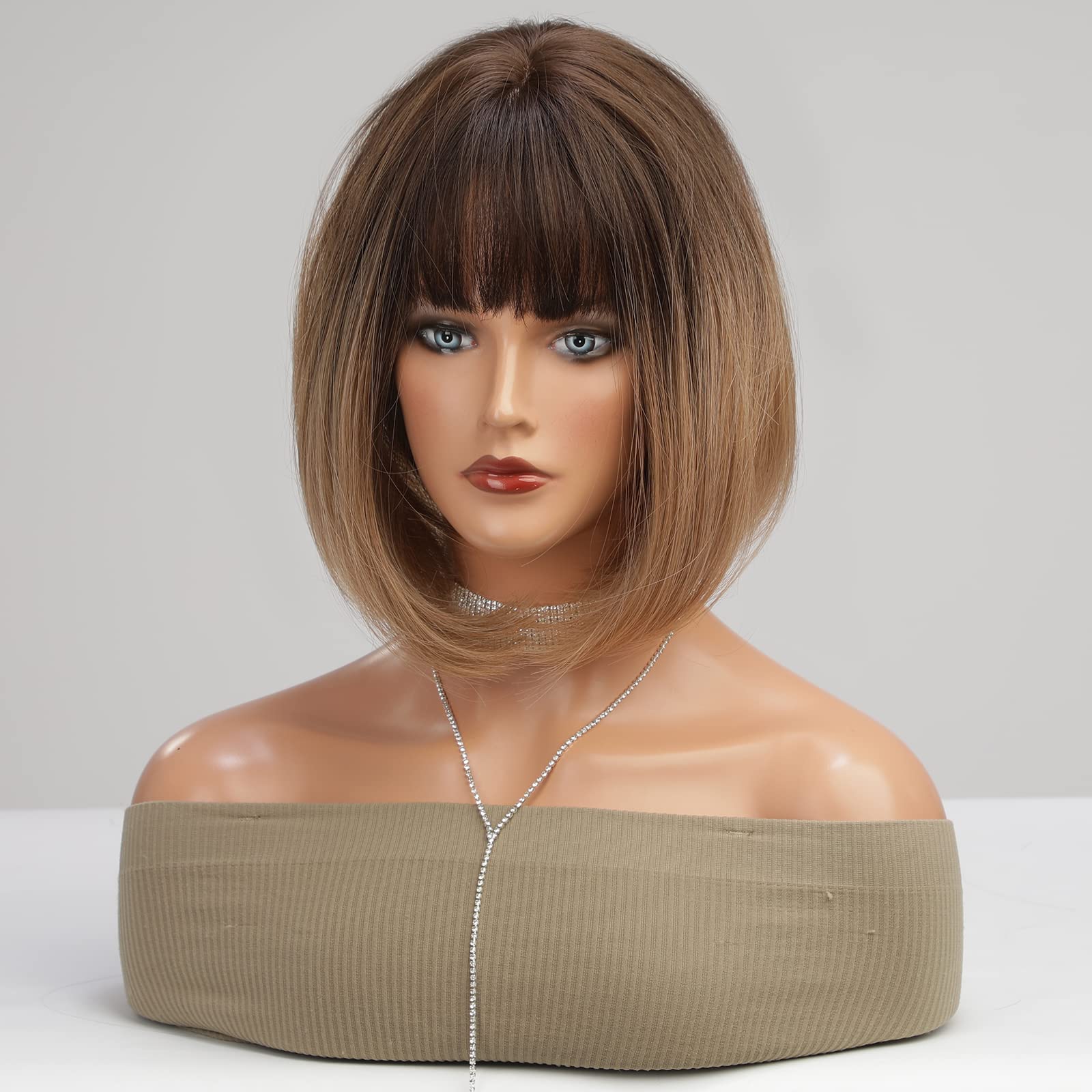 Haircube Ombre Brown Bob Wigs For Women Short Wigs With Bangs Synthetic Wigs