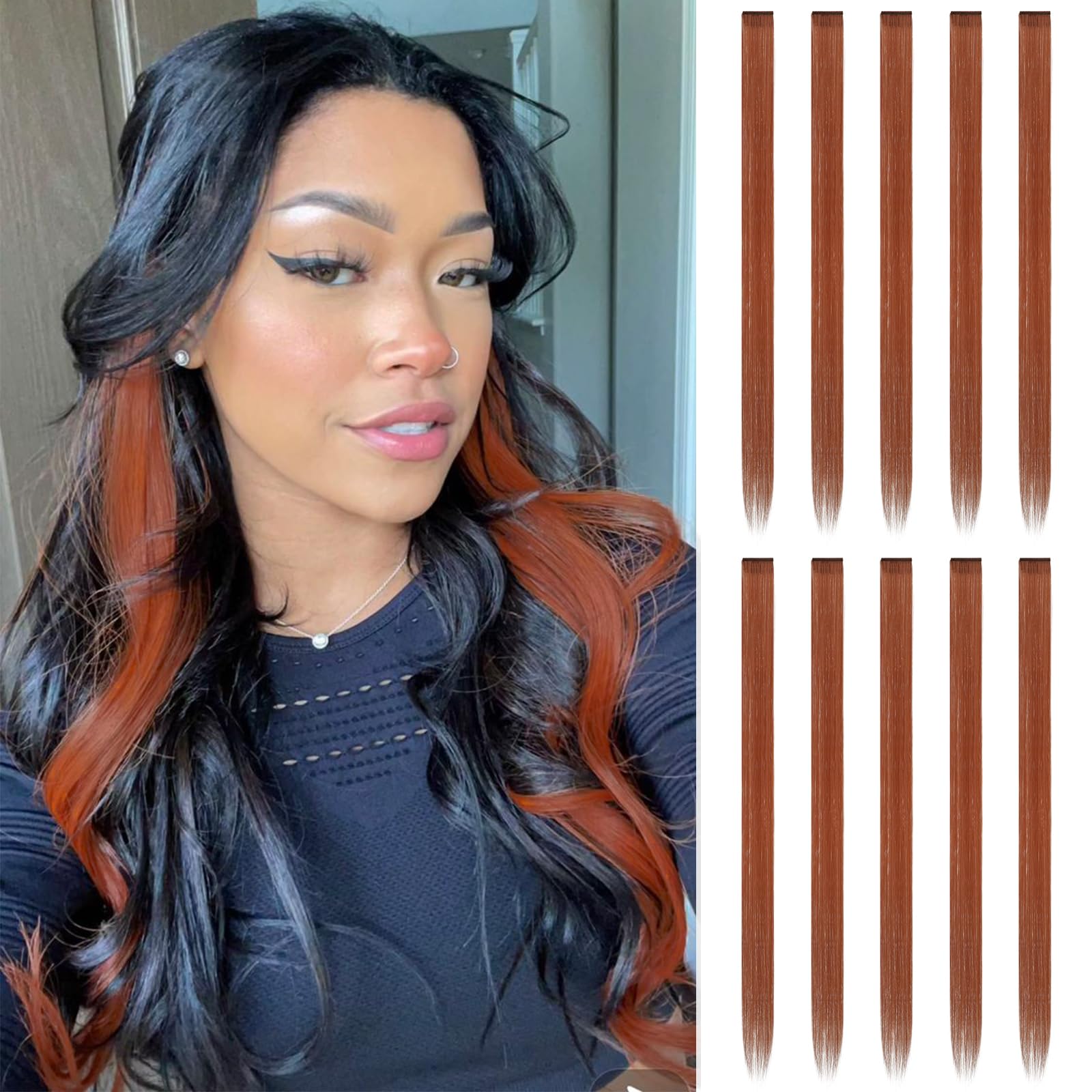 Feshfen Colored Hair Extensions, Copper Clip In Hair Extension 10 Pcs Highlight Colorful Hair Piece Straight Synthetic Clip In H