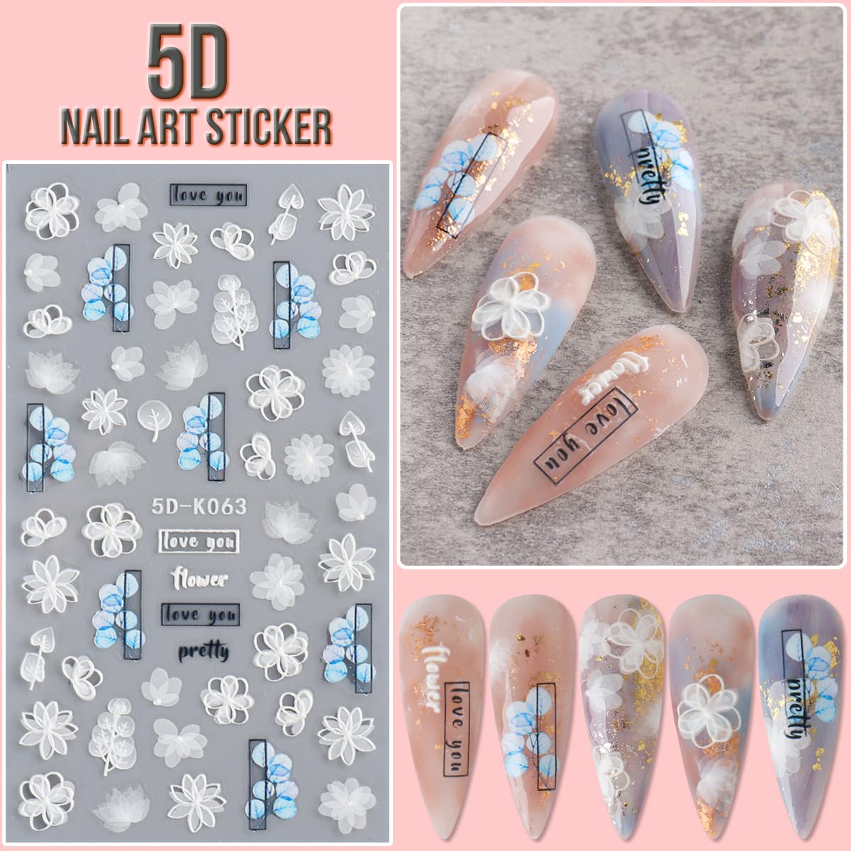 Kingmas 5D Flower Nail Art Sticker Decals Hollow Exquisite Pattern Nail Art Supplies Self-Adhesive Luxurious Diy Nail Art Decora