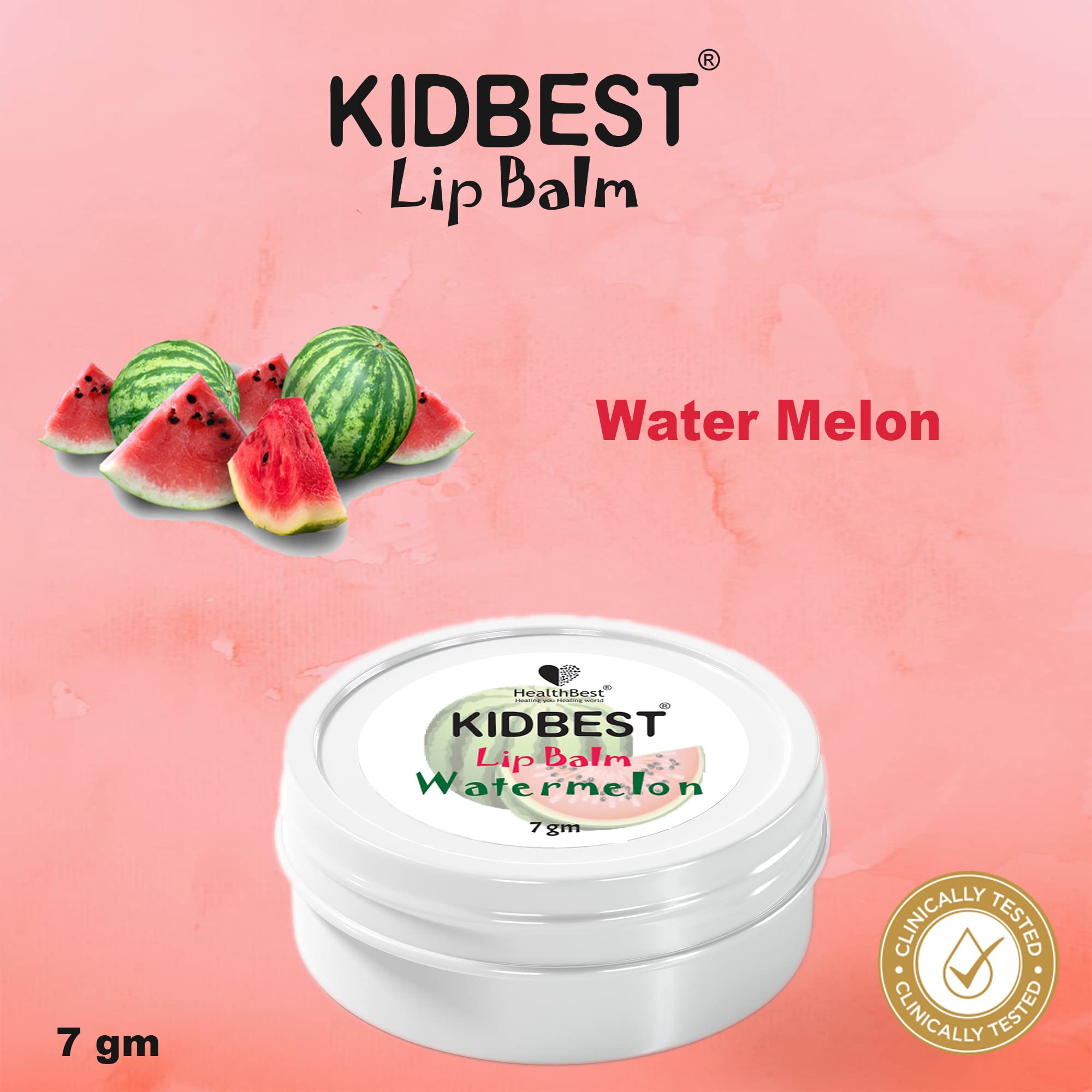 Healthbest Kidbest Lip Balm For Kids, Extra Nourishing, Soothing Lips, Tear, Paraben, Sls Free, Watermelon Flavor, 7Gm, Peach