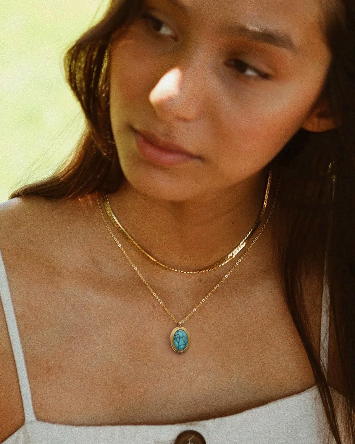 Aobei Pearl Oval Turquoise Pendant Necklace for Women 18k Gold Chain Choker Bohemian Gemstone Charm Layering Jewelry 18