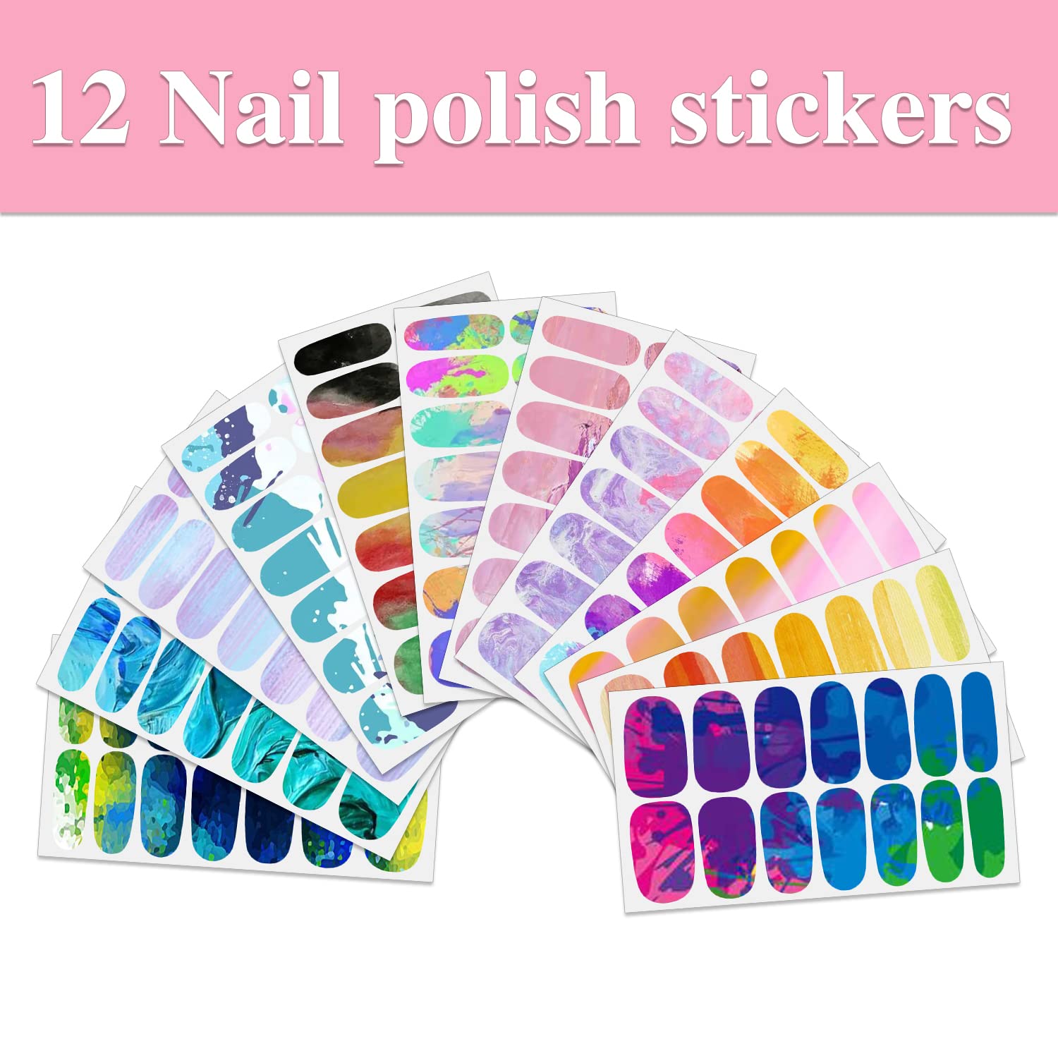 Wokoto 12 Sheets Colorful Gradient Nail Polish Stickers Full Nail Stickers For Women Marble Nail Art Self Adhesive Stickers Full
