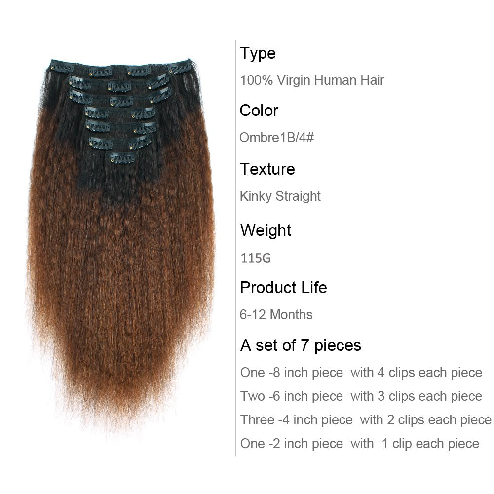 AmazingBeauty 8A Kinkys Straight Blow Out Ombre Remy Extensions Clip ins Double Weft Real Human Hair for Black Women, Natural Bl
