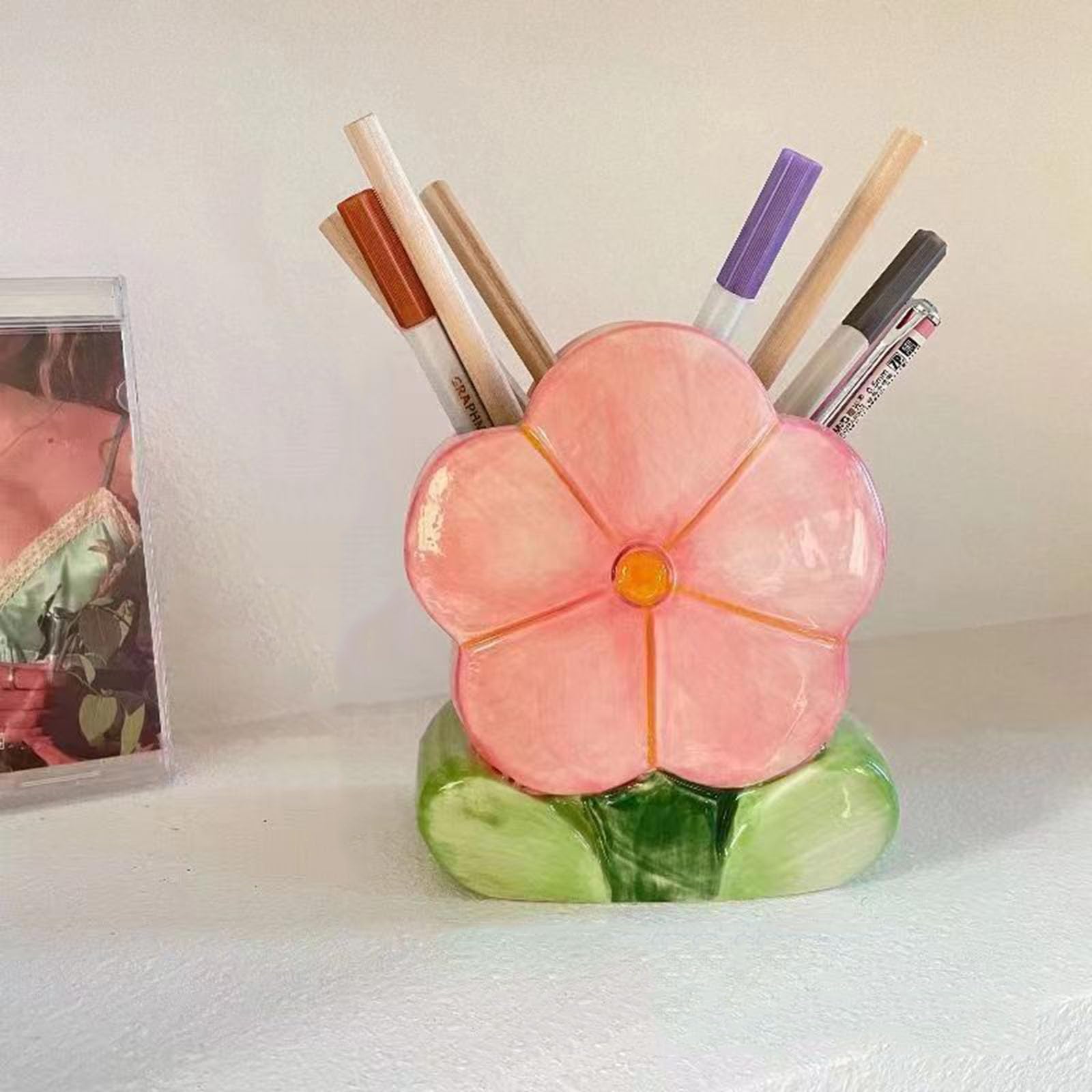 ZHU YU CHUN 1 PC Flower Makeup Storage Box Ceramic Blossom Five Petals Pen Holder Pen Holder Desktop Storage Box (Pink)