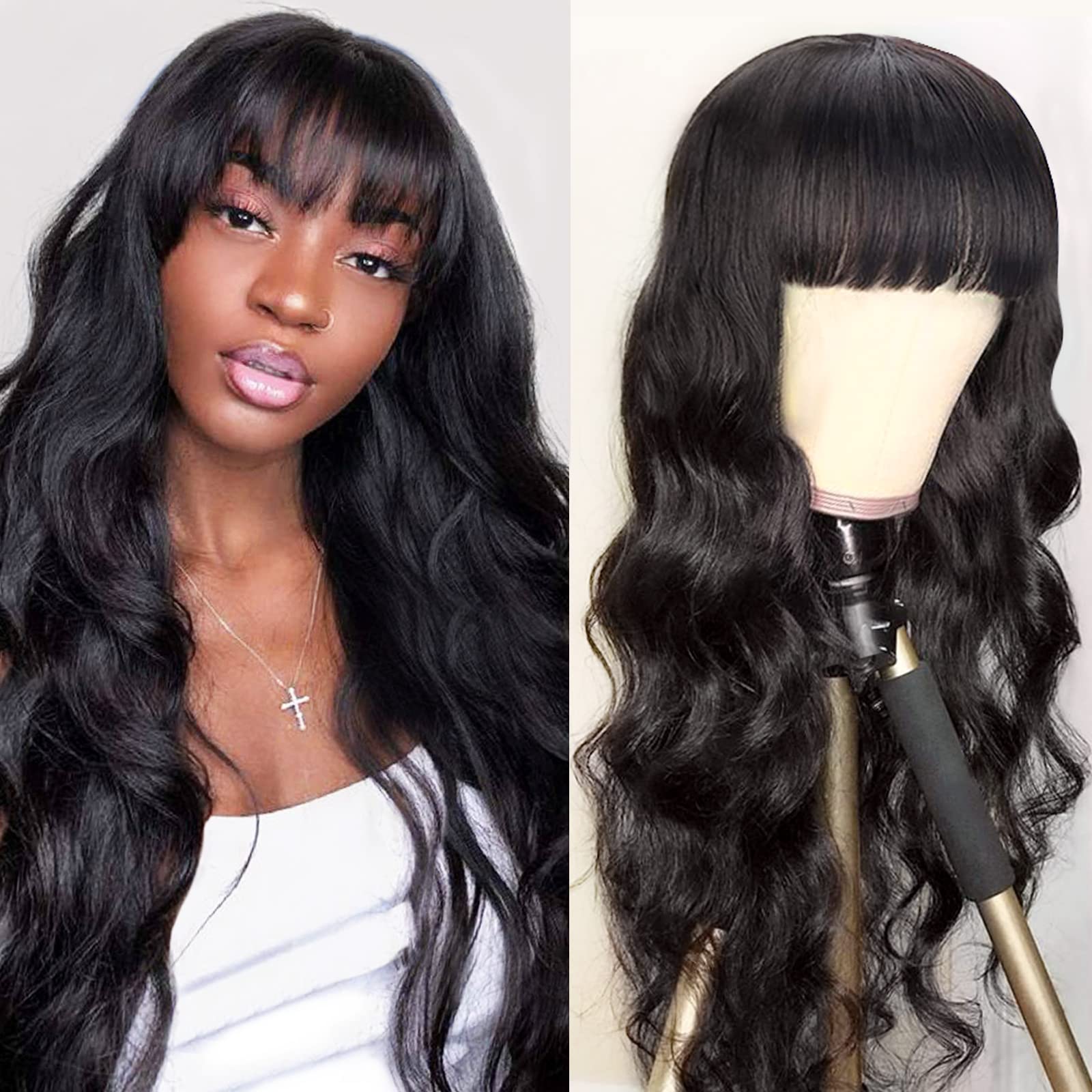 Body Wave Human Hair Wigs with Bangs None Lace Front Wigs 150% Density Brazilian Virgin Hair Glueless Machine Made Wigs for Blac