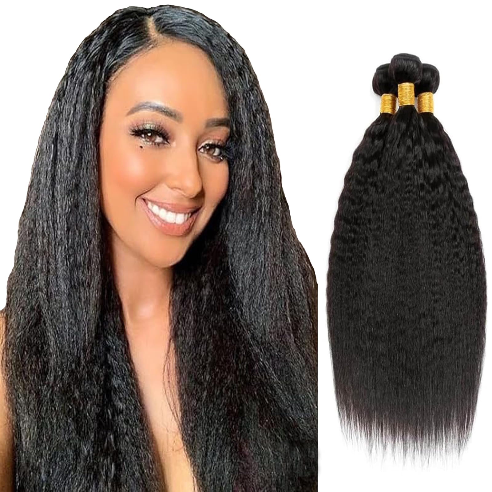 Kameinike 26 28 30 inch Natural Black Human Hair Bundles Yaki 3 Pcs 300g Unprocessed Brazilian Virgin Quick Weave Hair Extension