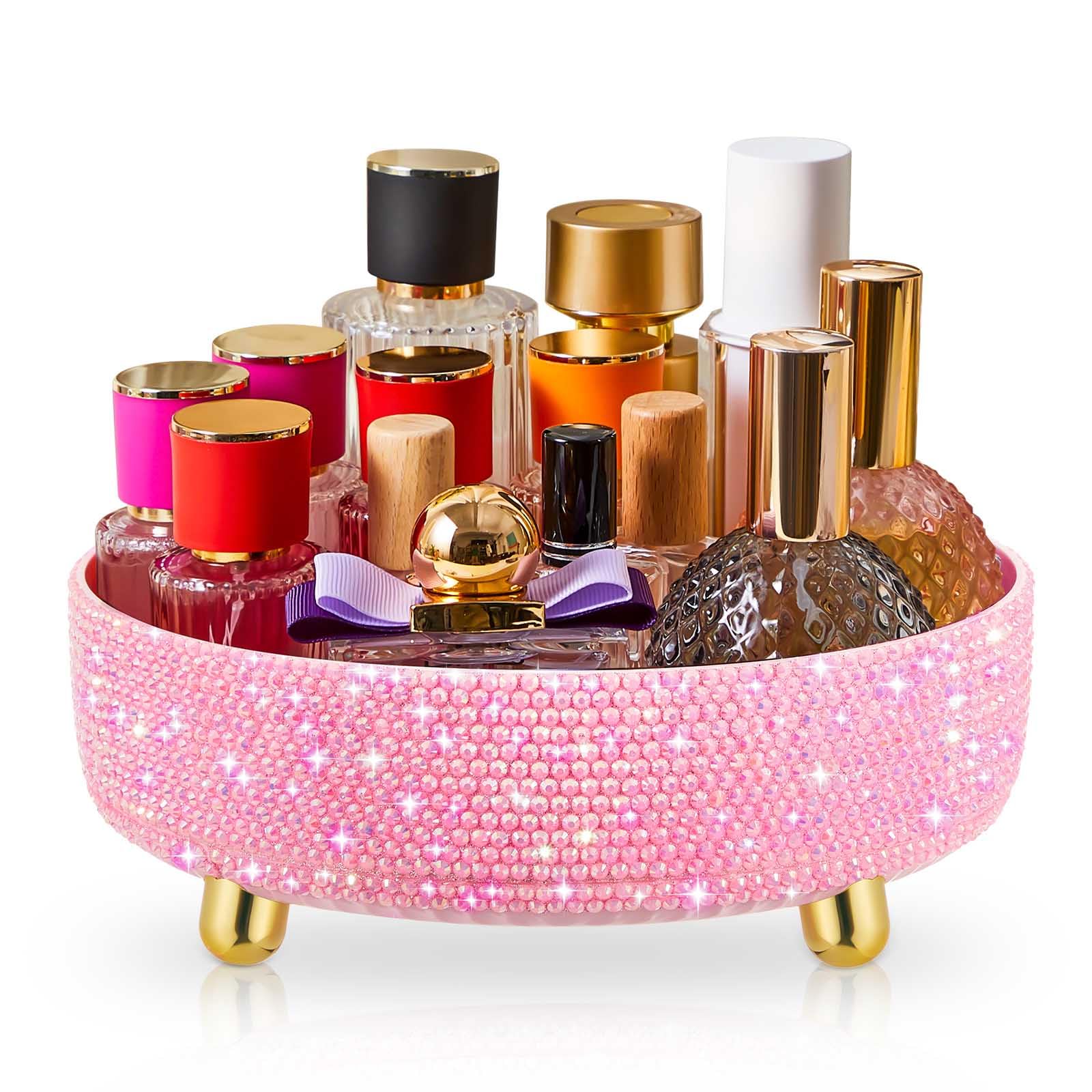 Honeydak Bling Perfume Makeup Organizer Rhinestone Bathroom Organizers and Storage 360 Rotating Makeup Organizer for Countertop 