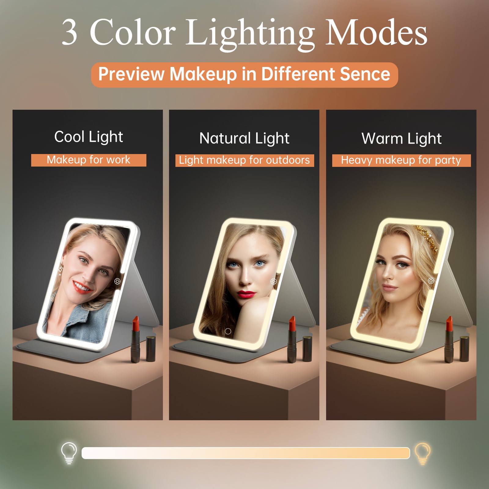 Rechargeable Travel Lighted Makeup Vanity Mirror with PU Leather Cover, Portable Travel Makeup Mirror with Lights, 3 Color Light