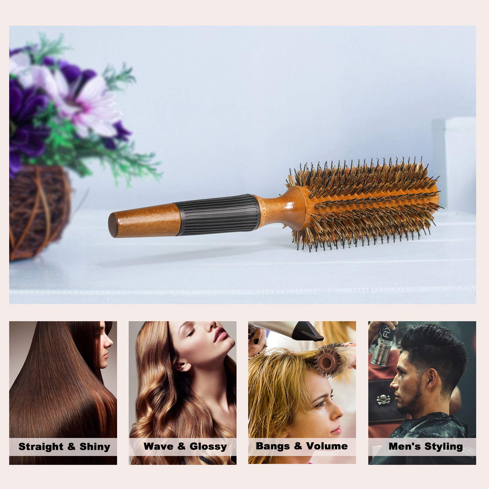 BESTOOL Round Brush for Blow Drying, Boar Bristle, 2.5 Inch, Brown, Model SUM-JP-ROLLER, Adds Shine & Volume, Minimizes Damage