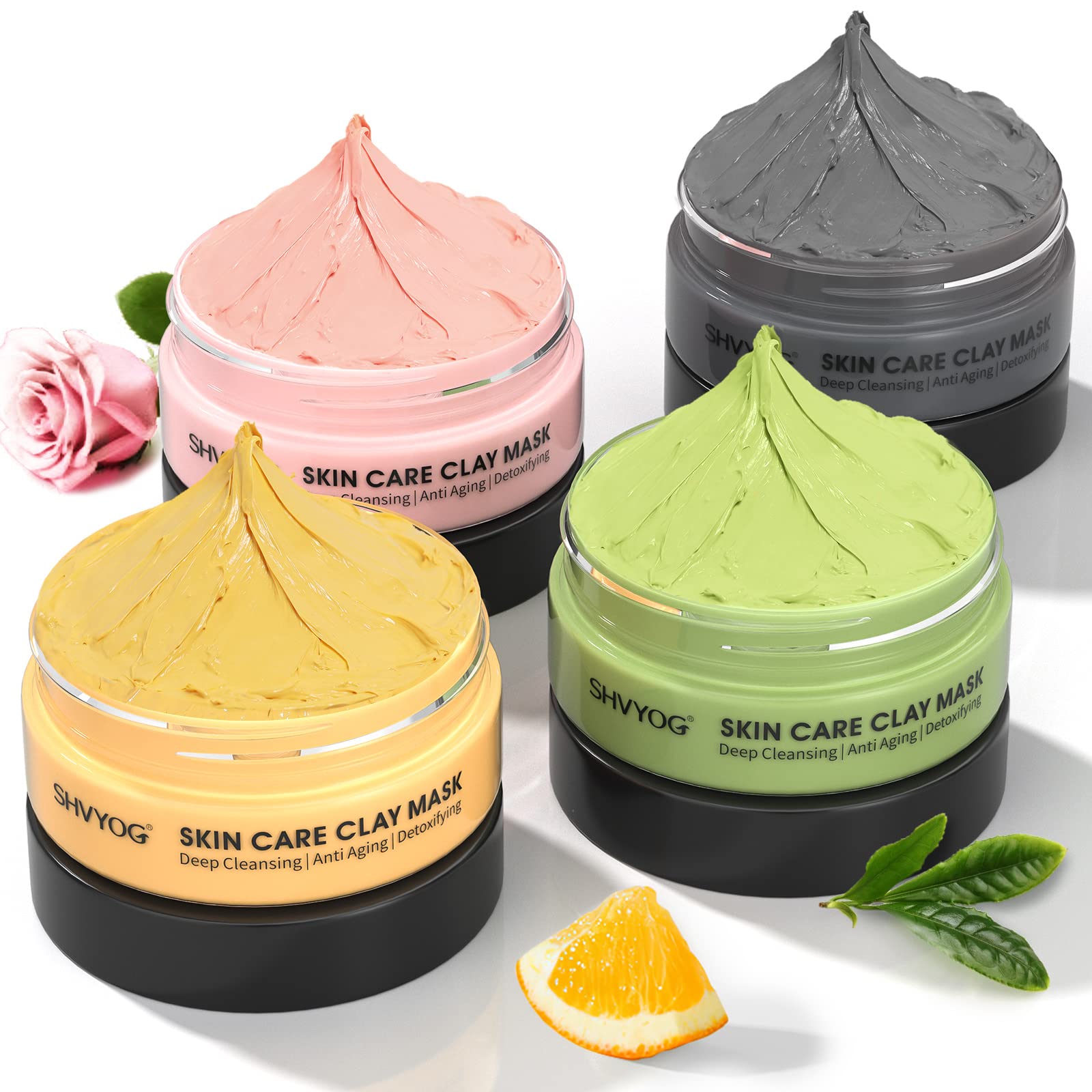 4 Pcs Clay Facial Mask Set - Turmeric, Vitamin C, Green Tea, Dead Sea Mud, and Rose Clay Skin Care Mask for Deep Cleansing, Mois