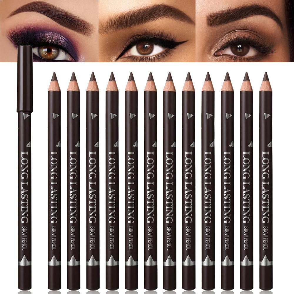 12Pcs Eyebrow Pencil Dark Brown, Wooden Hard-Core Eyebrow Pencils,Eye Brow Pencils Women, Eyebrow And Eyeliner Pencils, Waterpro