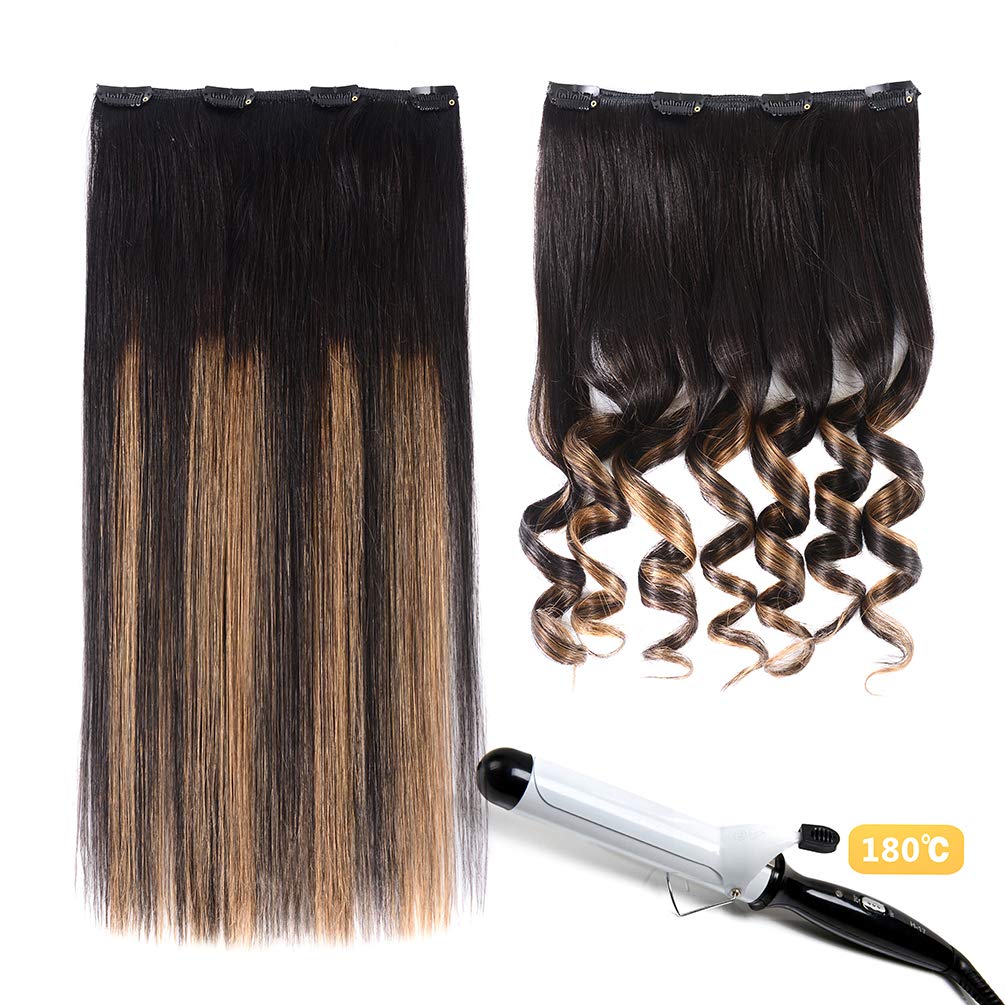 5 Pieces 16'' Remy Clip In Hair Extensions Human Hair Natural Black To Chestnut Brown Highlight Black Ombre - Silky Straight Sho