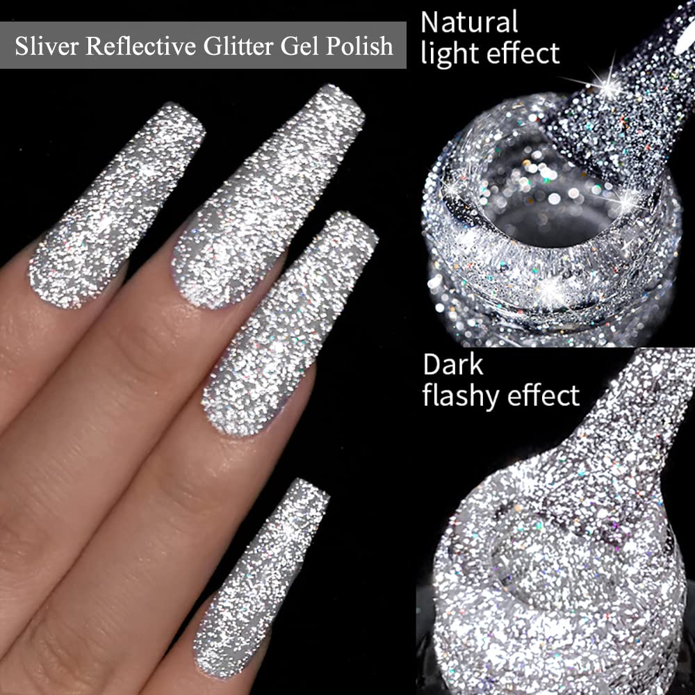 Mizhse Reflective Glitter Gel Nail Polish, Silver Nail Gel Sparkly Shiny Gel Polish, Soak Off Nail Art Salon Varnish For Beginne