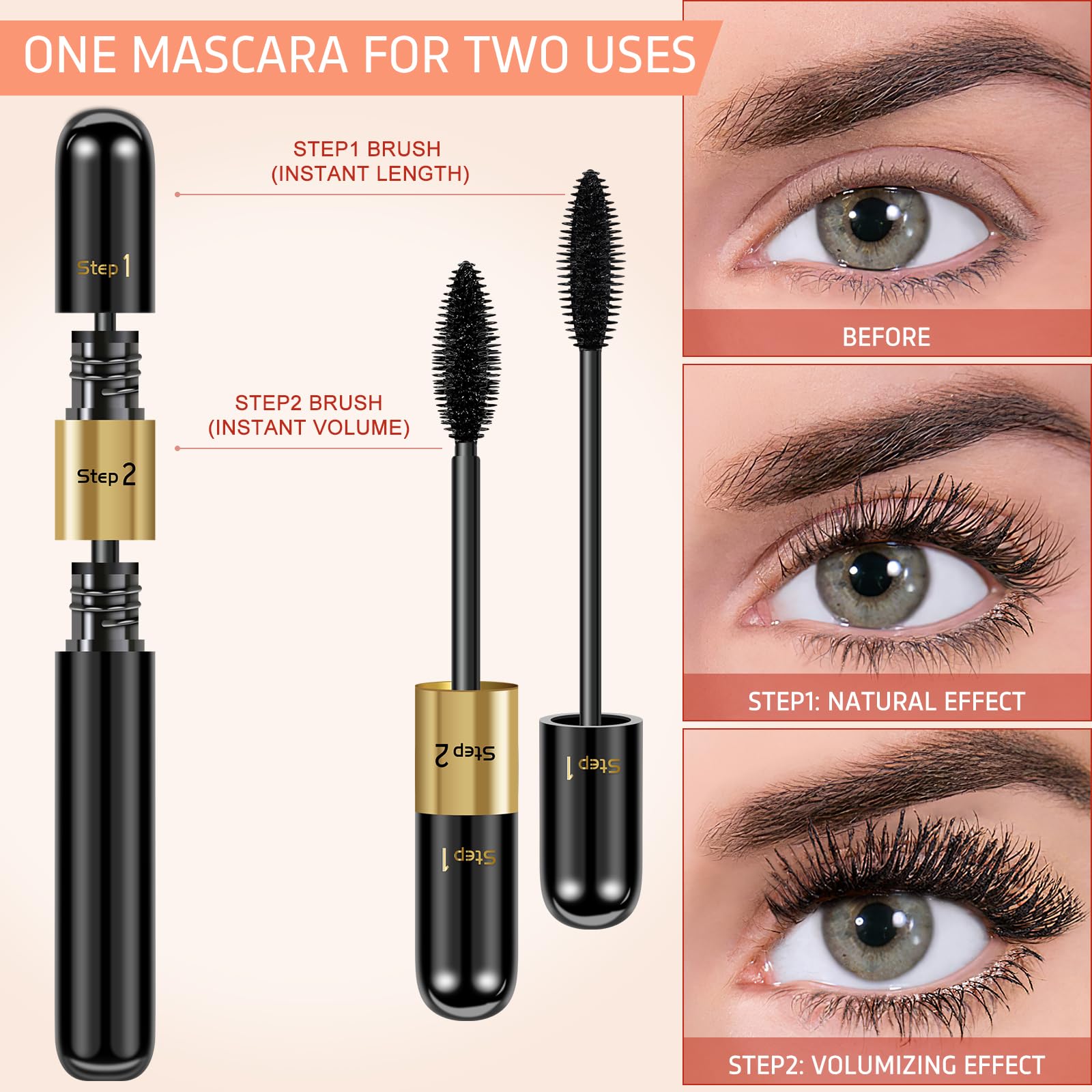 Mascara Volume And Length, 2 In 1 Waterproof Mascara Black, 2 Pack Falsies Voluminous Lengthening Smudge Proof 4D Silk Fiber Mas