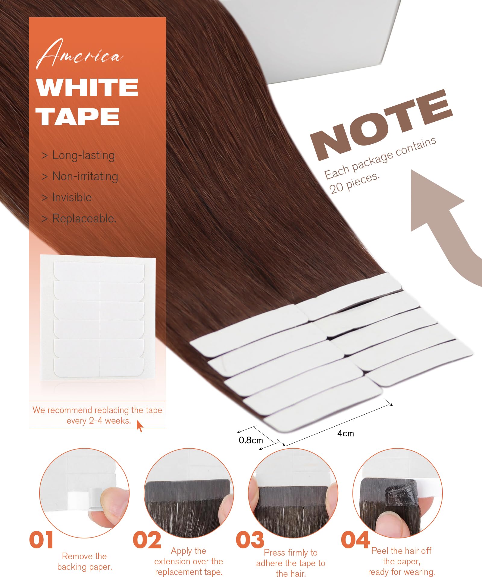 Sunny Hair Tape in Hair Extensions Real Human Hair Invisible Remy Hair Extensions Tape ins for Women Auburn Brown 20 inch 20Pcs