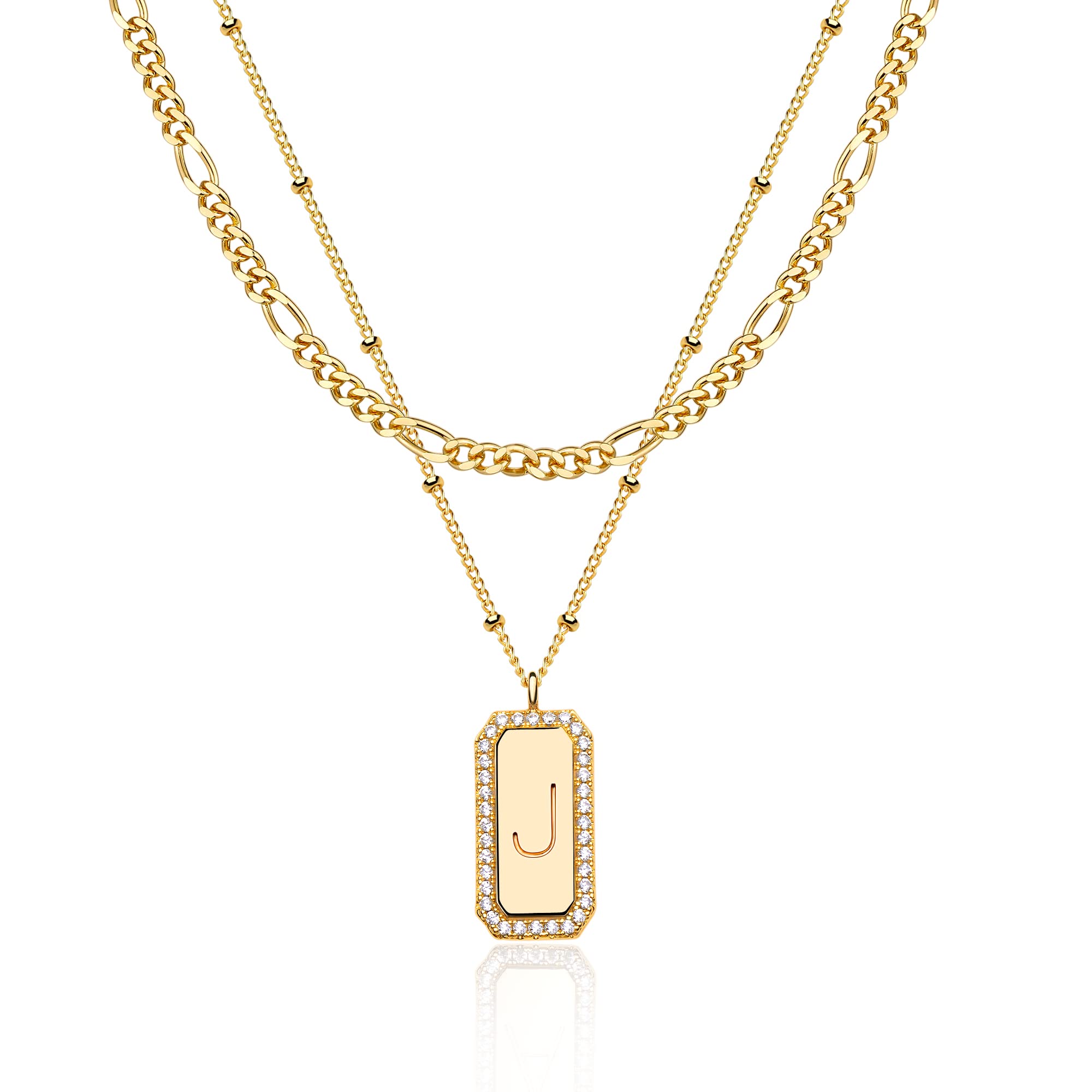 Gold Necklace for Women Trendy Dainty Initial Pendant Necklace Figaro Chain Choker Necklace Layered Set Bar Rectangle Pendant Ne
