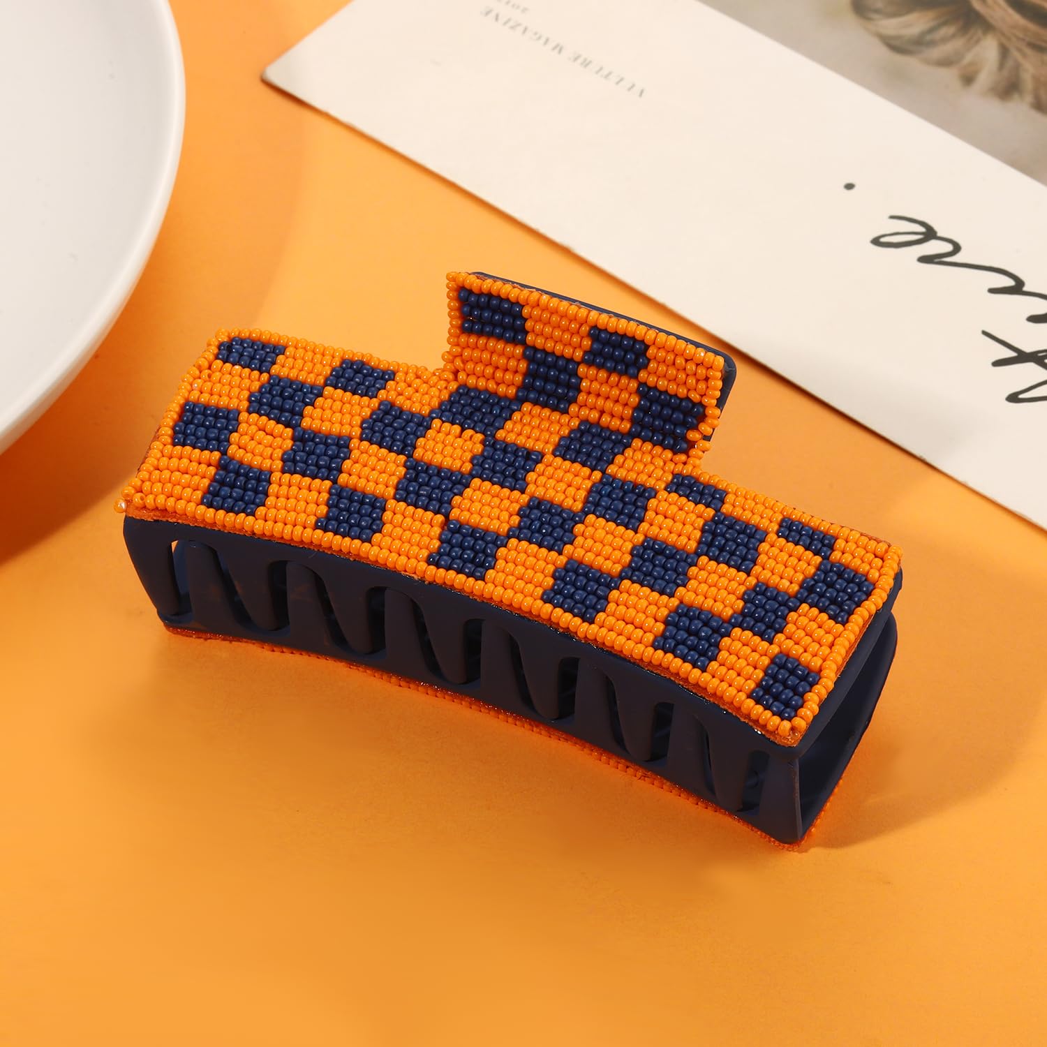 Game Day Hair Claw Clip for Women Beaded Checkered Baseball Football Hair Clips Game Day Outfits Sports Football Fans Mom Access