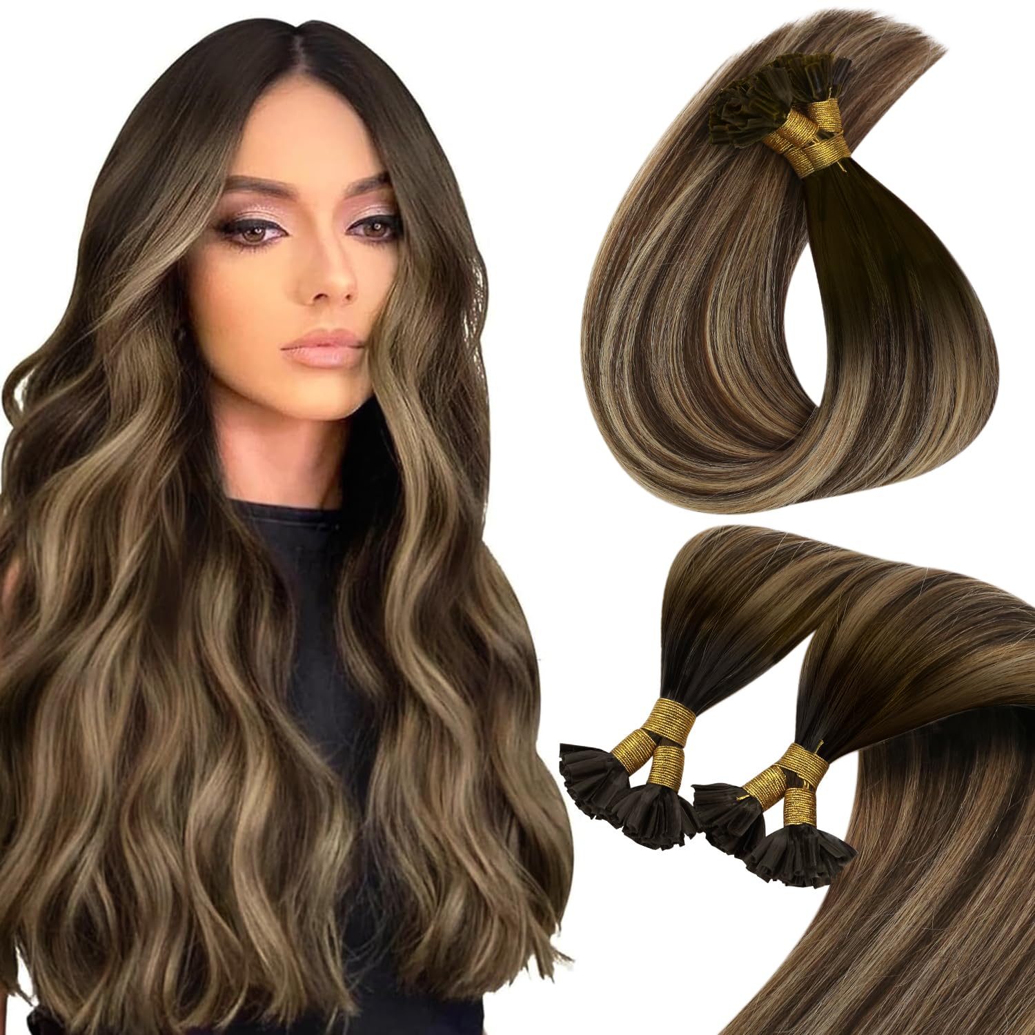 Sunny U Tip Hair Extensions Human Hair Medium Brown Balayage Caramel Blonde with Highlight Keratin Hair Extensions Brown Balayag