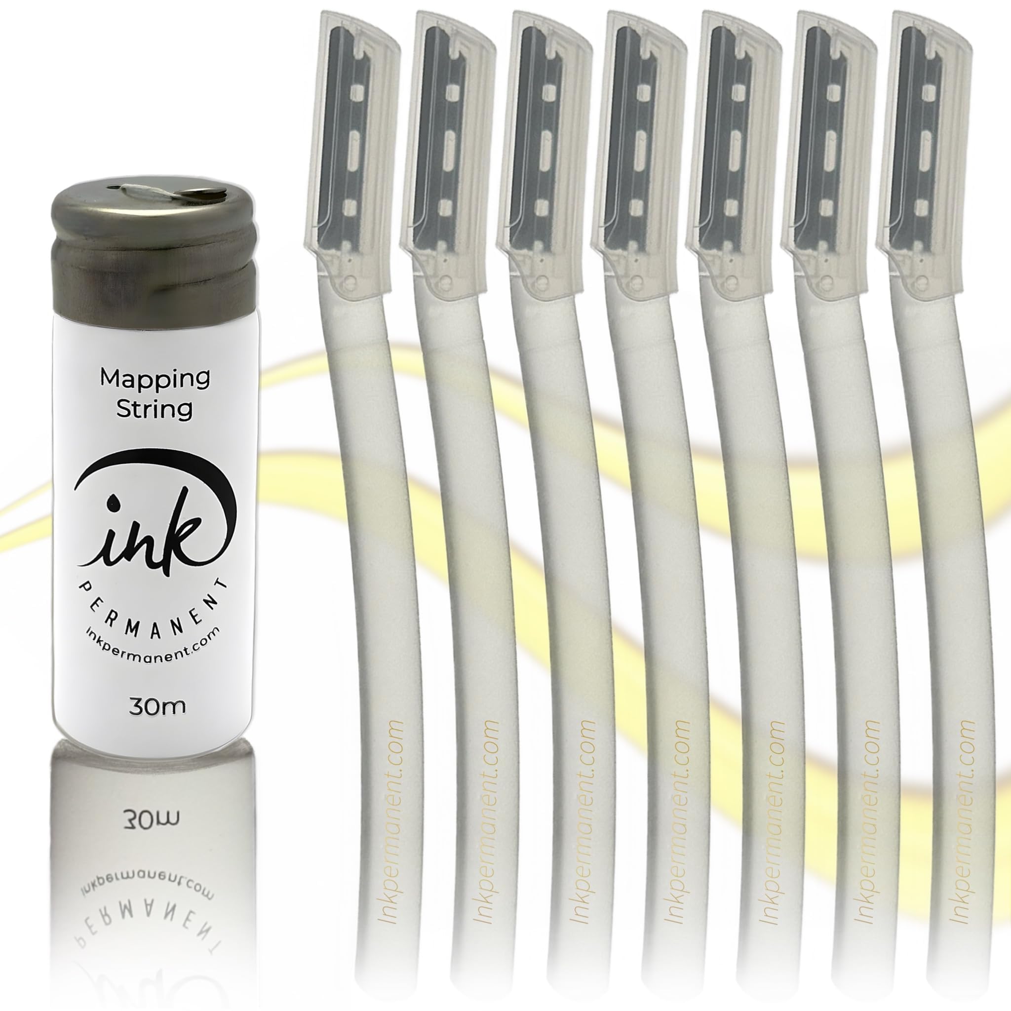 Ink Permanent Face Razors for Women with White Brow Mapping String Kit | 7 Eyebrow Razors with Pre-Inked Mapping String for Faci