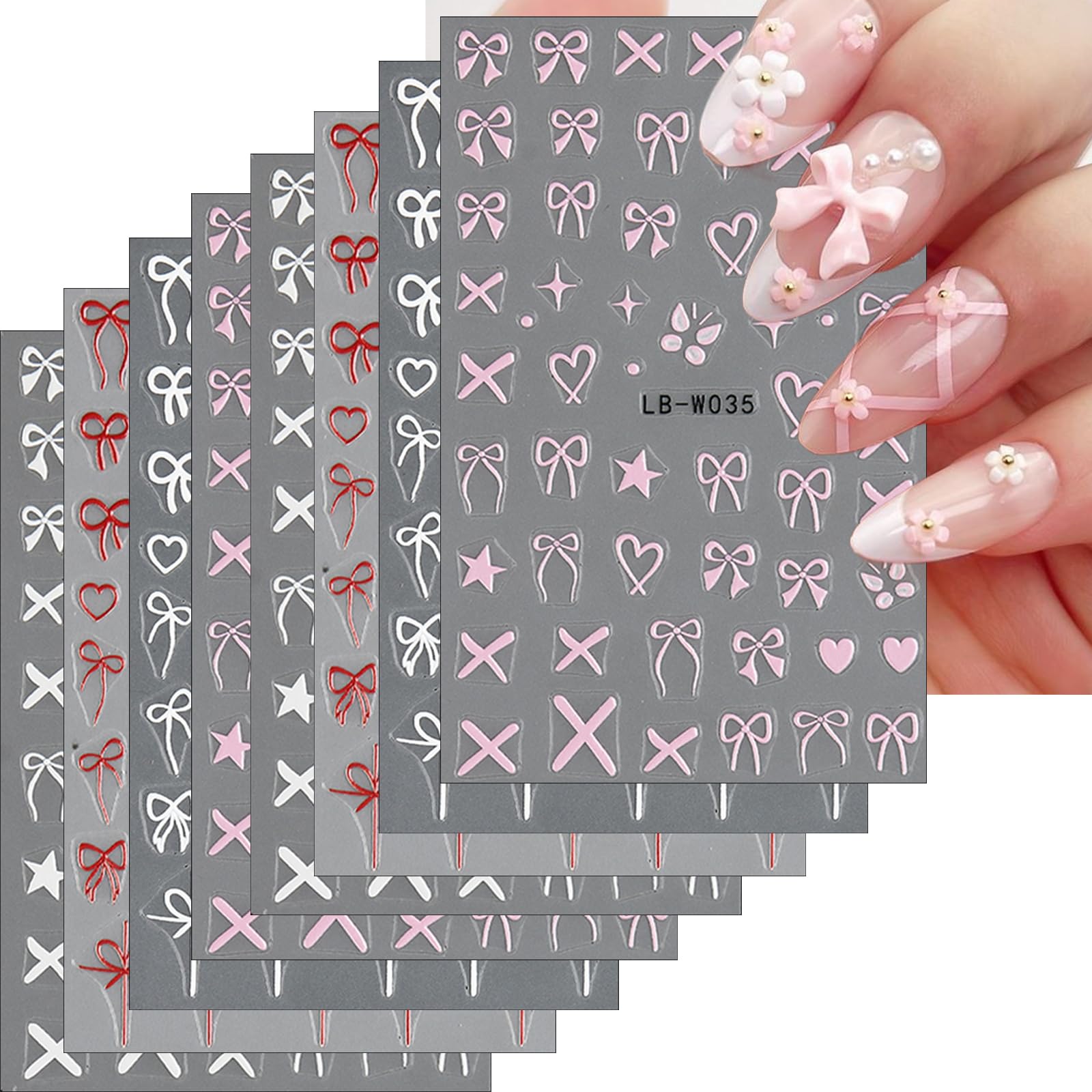 8Sheet Valentine's Day Nail Stickers Pink Red Lover Bow Nail Art Stickers Colorful Star Butterfly Nail Decals 3D Self-Adhesive P