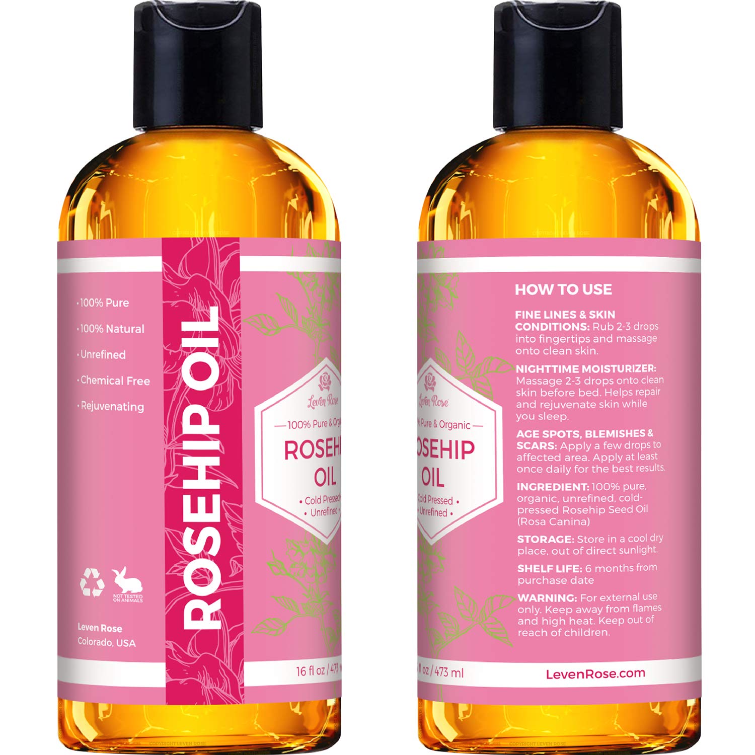 Leven Rose Rosehip Seed Oil For Face 16 Oz - Pure Rosehip Oil For Face - Unrefined Cold Pressed Rosehip Oil For Body - Nighttime