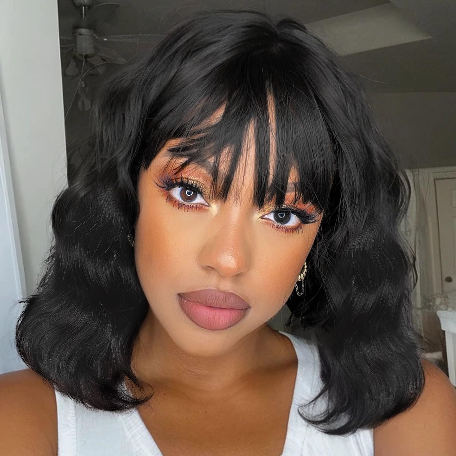 WIGER Black Wavy Human Hair Wigs with Bangs Upgraded Real Hairline Natural Wave Hair for Black Women Brazilian Human Hair Lace P