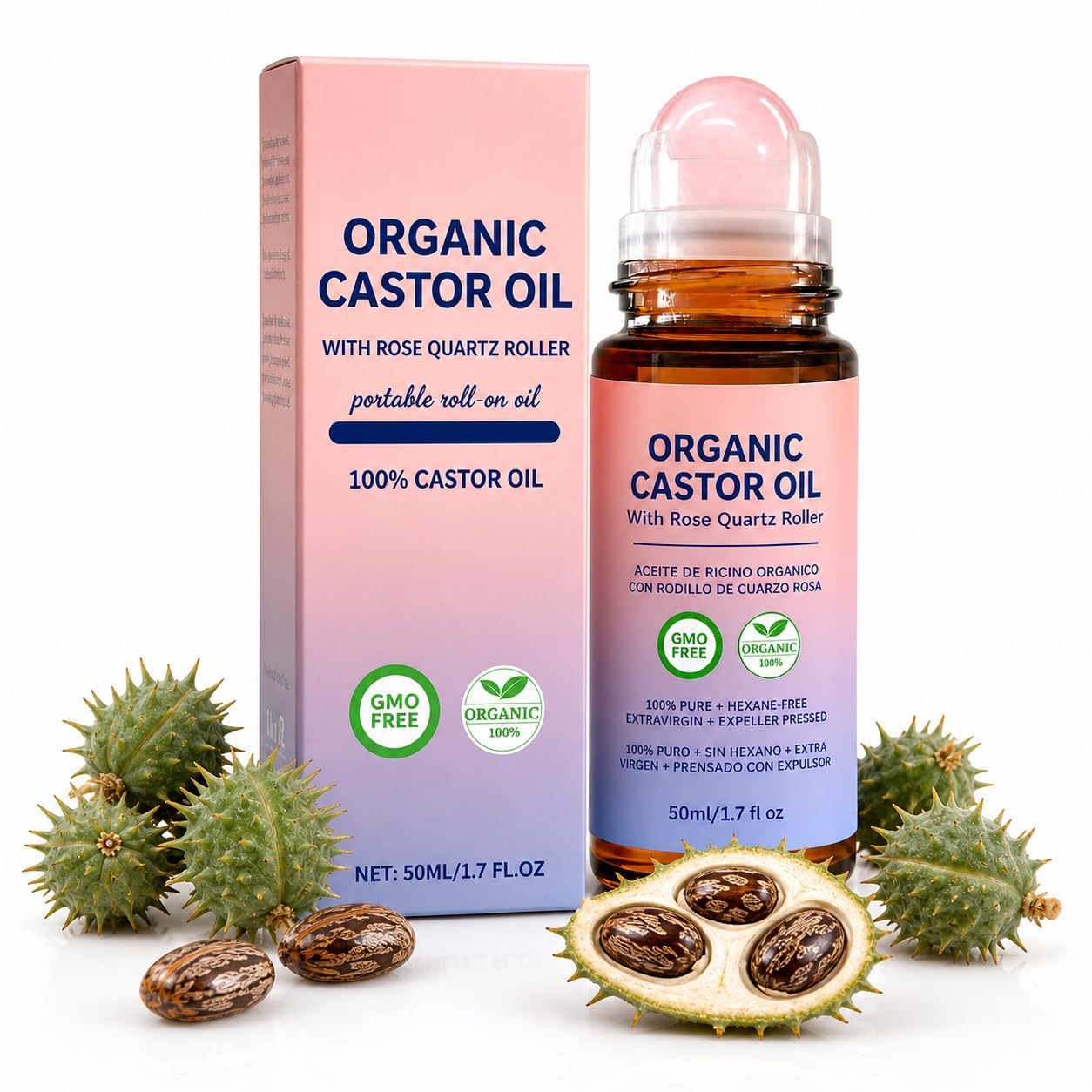 GETPUNA Organic Castor Oil Roll On with Rose Quartz Roller, 100% Pure Castor Oil, Portable Oil for Eyelashes, Eyebrows, Hair,Sca