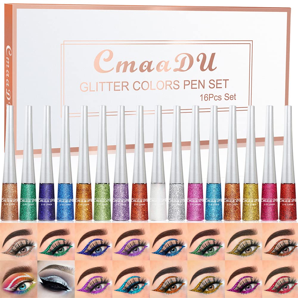 Aseawave 16 Colors Liquid Glitter Eyeliner Set, Metallic Shimmer Glitter Eyeshadow, Colorful Rainbow Eyeliner Long Lasting Water