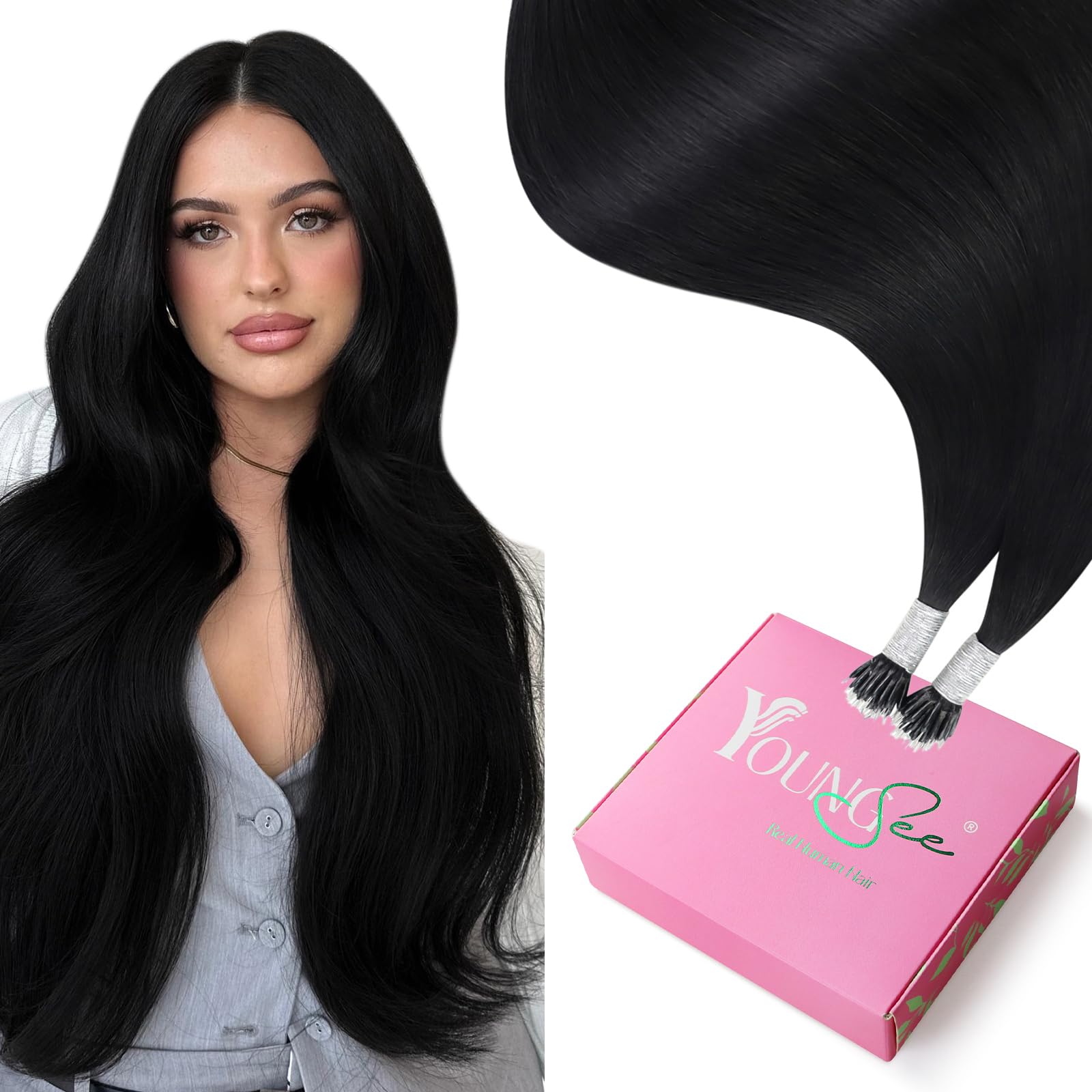 YoungSee 28 Inch Nano Ring Hair Extensions Human Hair Nano Beads Hair Extensions Black Nanoring Hair Extension Real Human Hair C