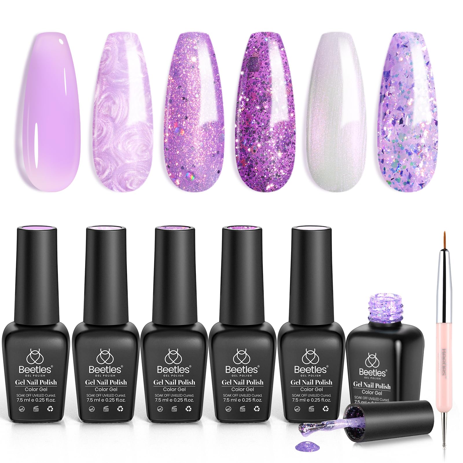 Beetles Purple Glitter Gel Nail Polish Set, 6 Color Purple Spring Color Shimmer Pearl Jelly Gel Polish with Nail Brush Soak Off 