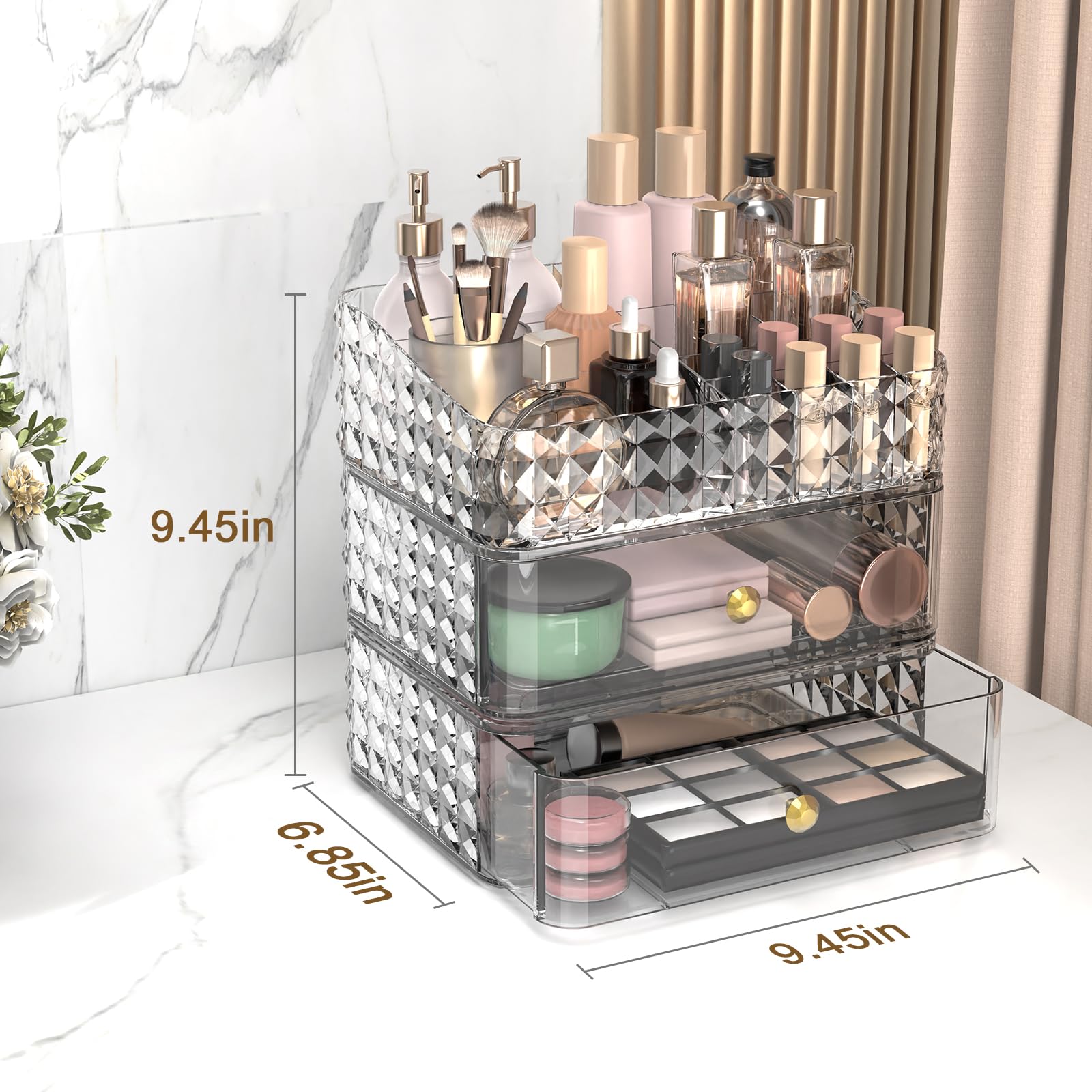 Rosoenvi Makeup Organizer for Vanity, Stackable Cosmetics Organizer and Storage, Cosmetic Display Cases with 2 Drawers and 1 Tra