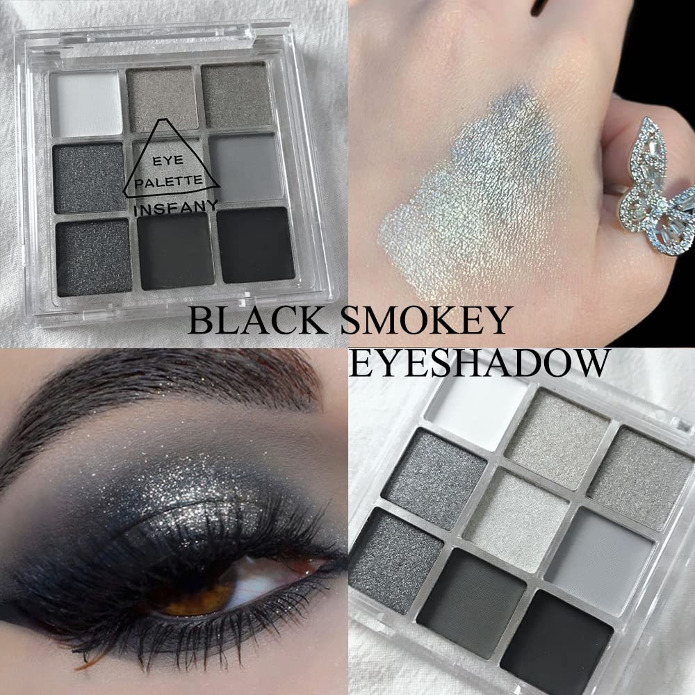 Yeweian Black Smokey Eyeshadow Palette, Eye Black Makeup, 9 Colors Black Silver Gray White Eyeshadow Makeup Palette, Waterproof