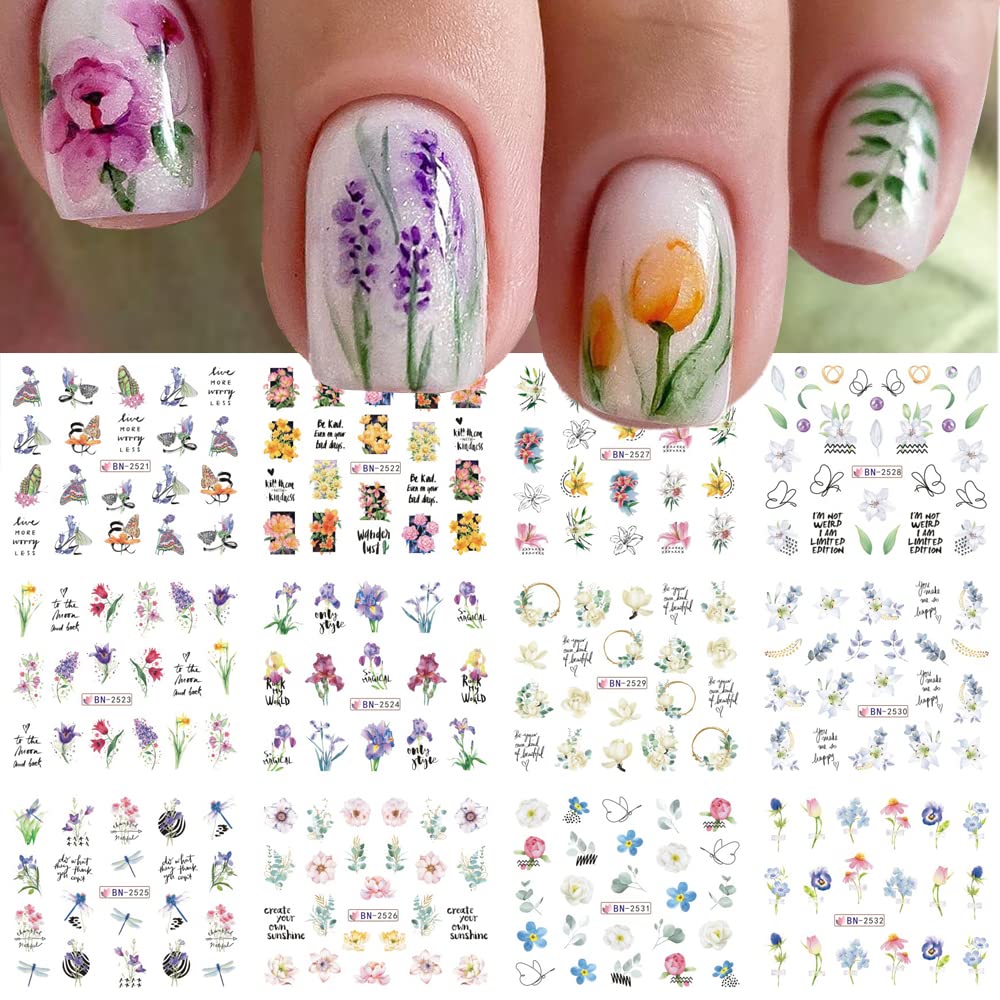 Flower Nail Art Stickers Decals Water Transfer Foils For Nails Art Supplies Spring Summer Tulips Floral Butterfly Leaf Design Ac