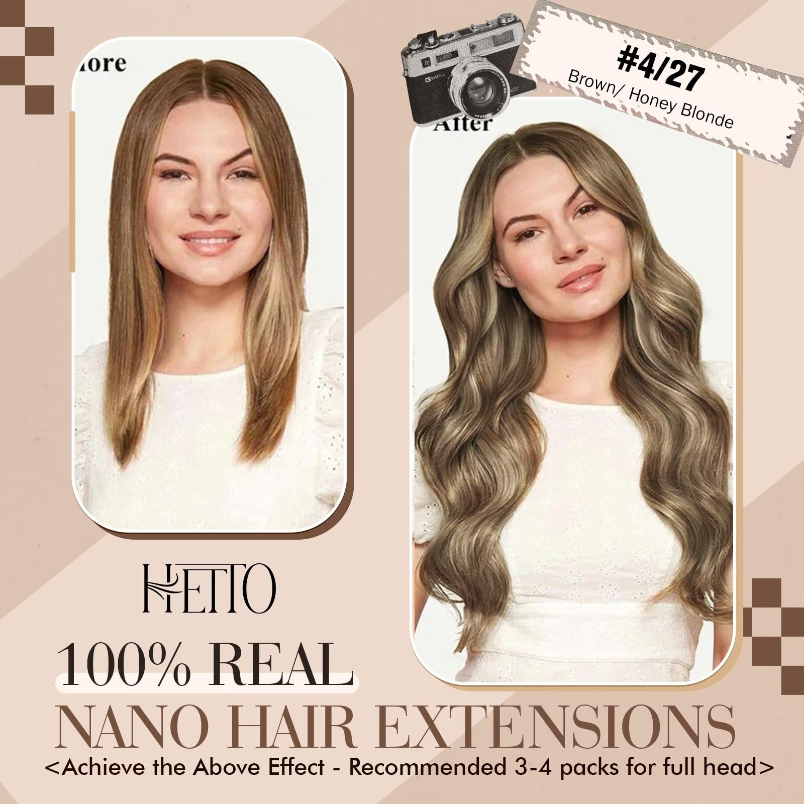Hetto Nano Beads Human Hair Extensions #4/27 Dark Brown Highlights Caramel Blonde Nano Link Hair Extensions Human Hair 14 Inch R