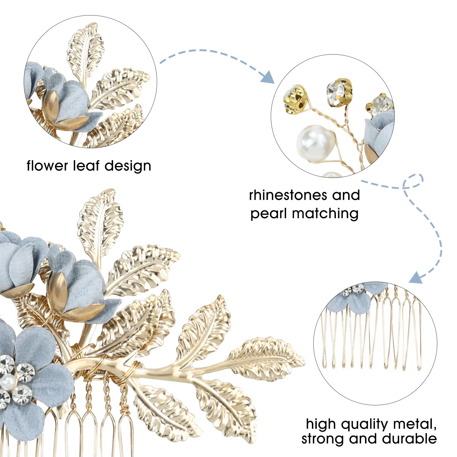 Insowni 20 Pack Classy Dusty Blue Flower Bridal Wedding Hair Side Combs+Floral Hair Pins+Twist Spiral Pearl Hair Pins Clips Piec