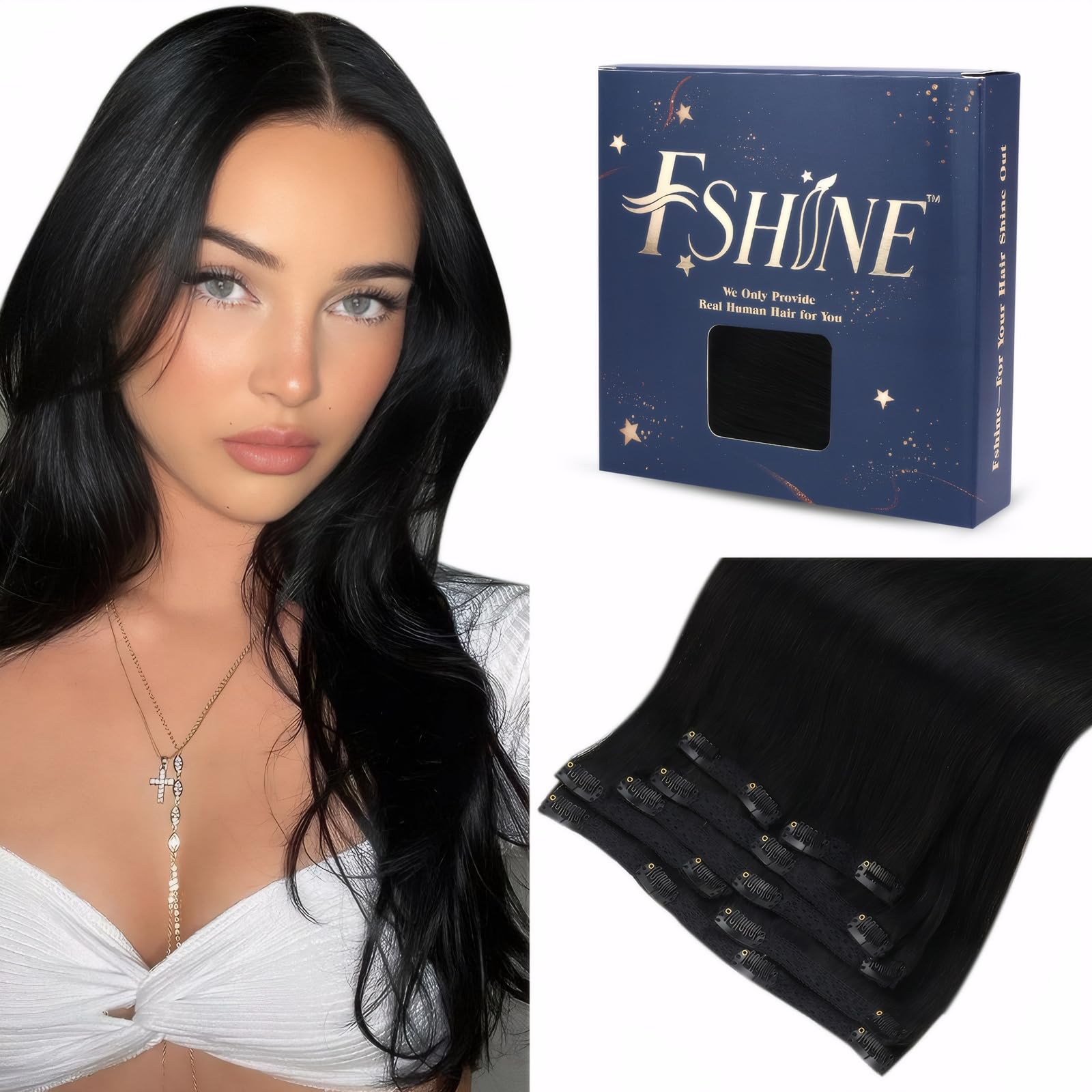 Fshine Black Hair Extensions Clip in Human Hair 7 Pcs 18 Inch Human Hair Extensions Clip in Jet Black 120g Real Hair Extensions 