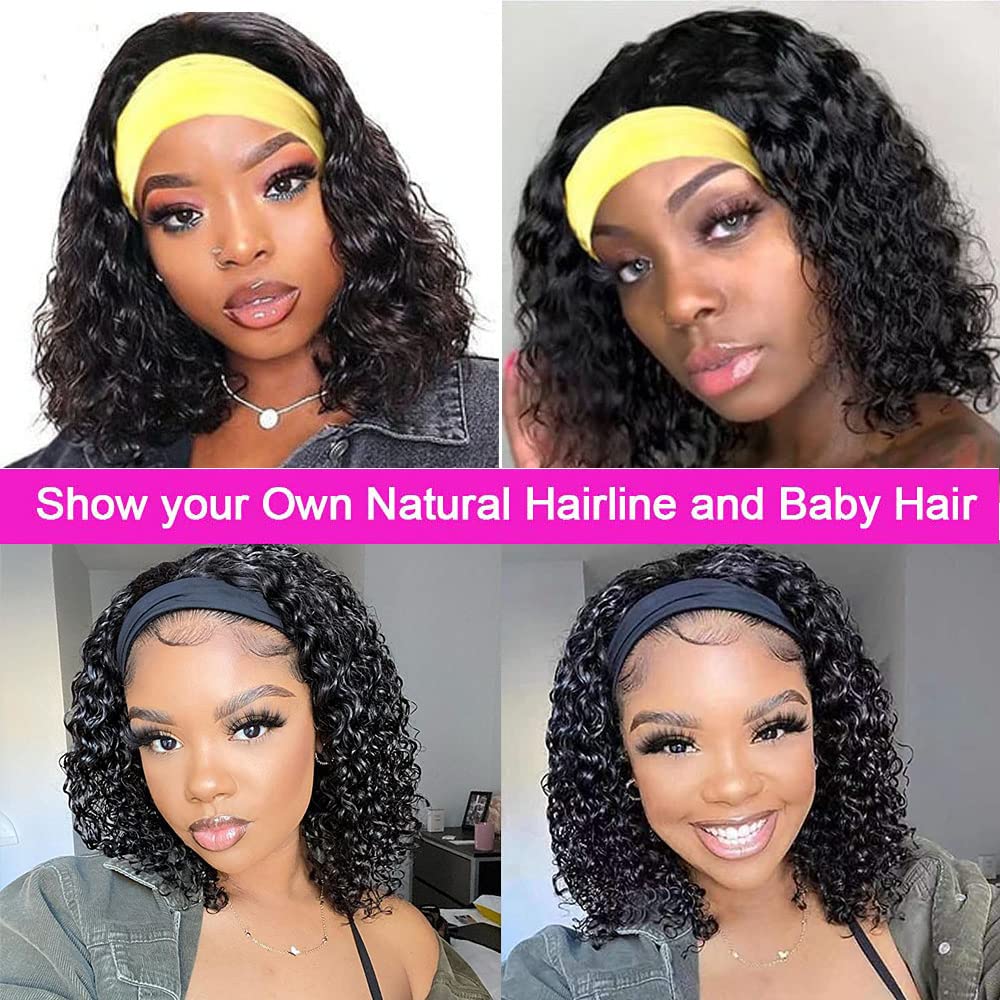 Rebasar Deep Wave Headband Wig Human Hair Curly Headband Wigs for Black Women Human Hair Glueless None Lace Front Wig 14 Inch Br