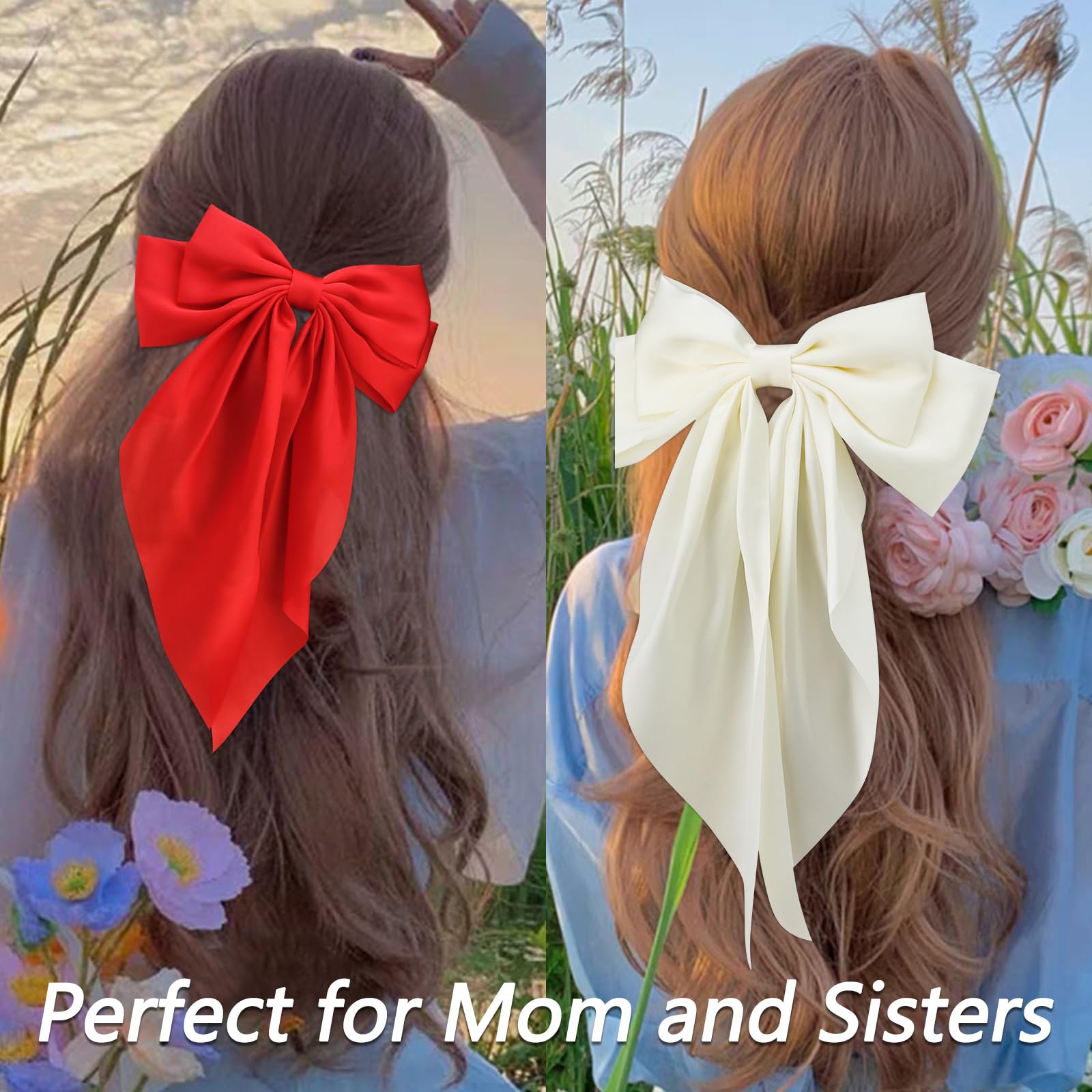 Velscrun Black Beige Pink Red Hair Bows For Women Girls, Silky Satin Large Coquette Bow, Oversized Hair Ribbons 4Pcs Big Bows Cl