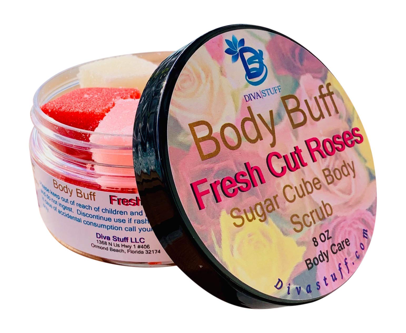 Diva Stuff Sugar Cube Body Buff Scrub, Exfoliates and Hydrates Skin, Pairs With Our Crepey Skin Cream - Fresh Cut Roses - 8 oz (
